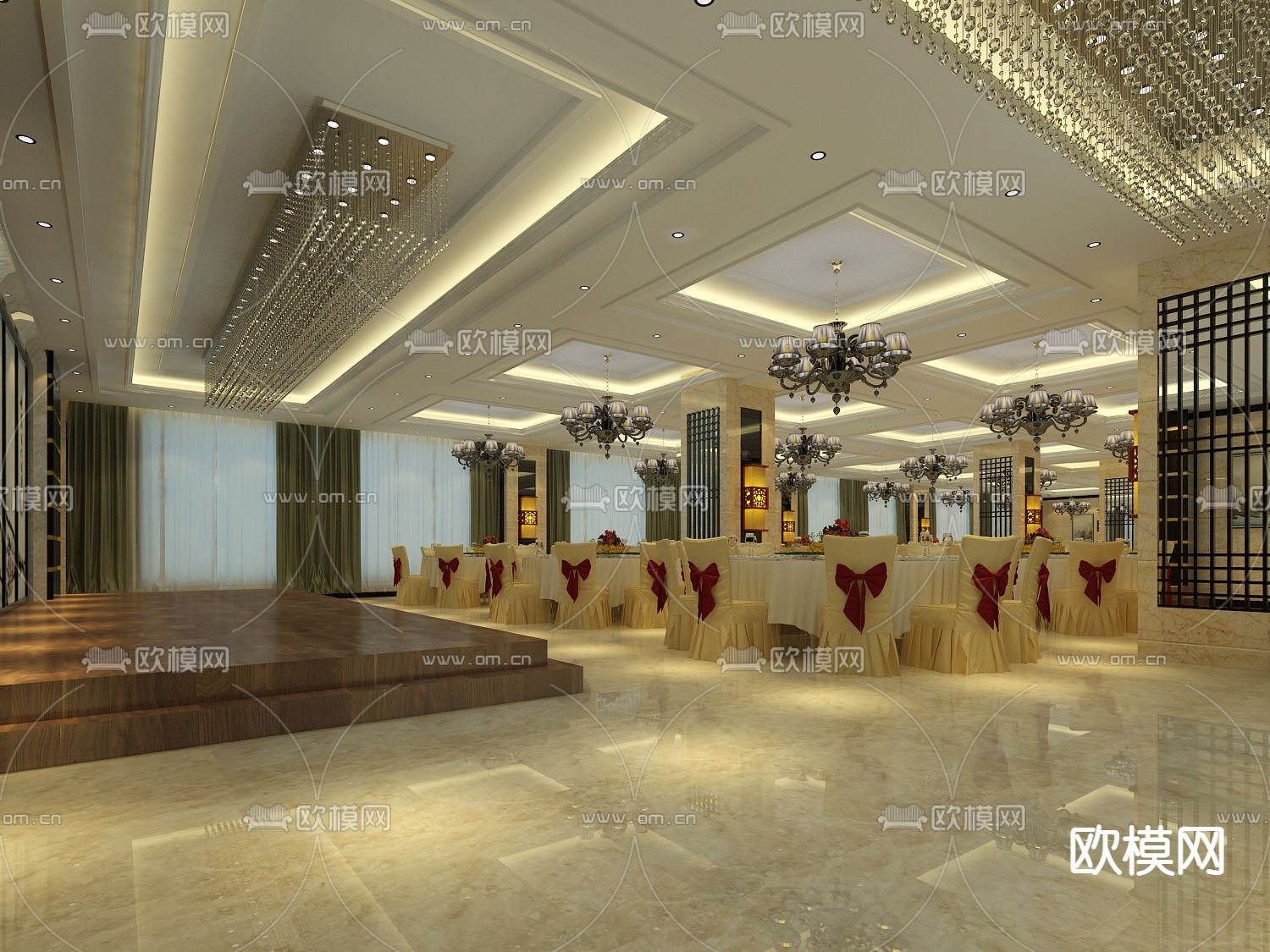新中式宴会厅免费3d模型下载（渲染图4）