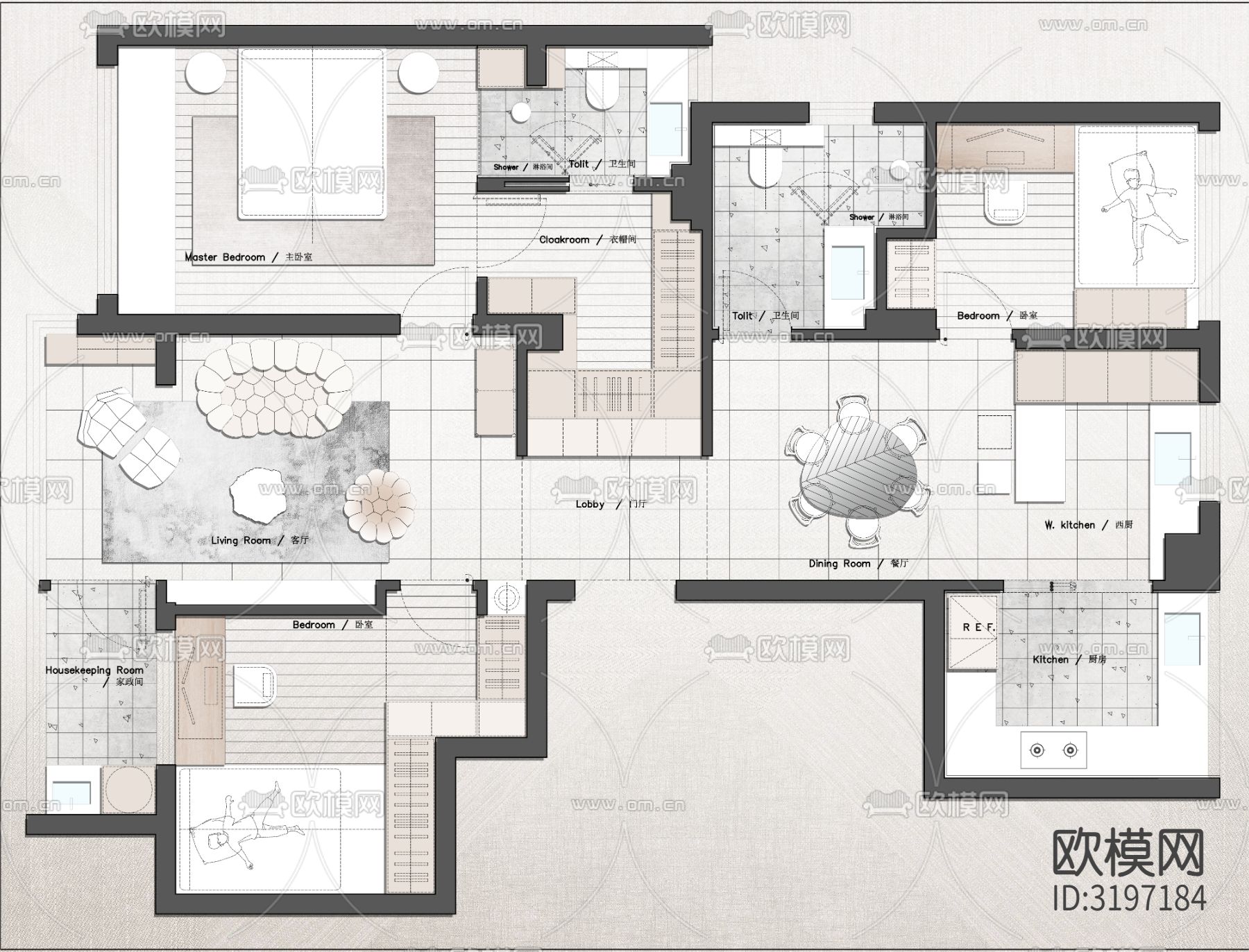 100㎡平层3房两稿方案cad施工图下载（渲染图1）