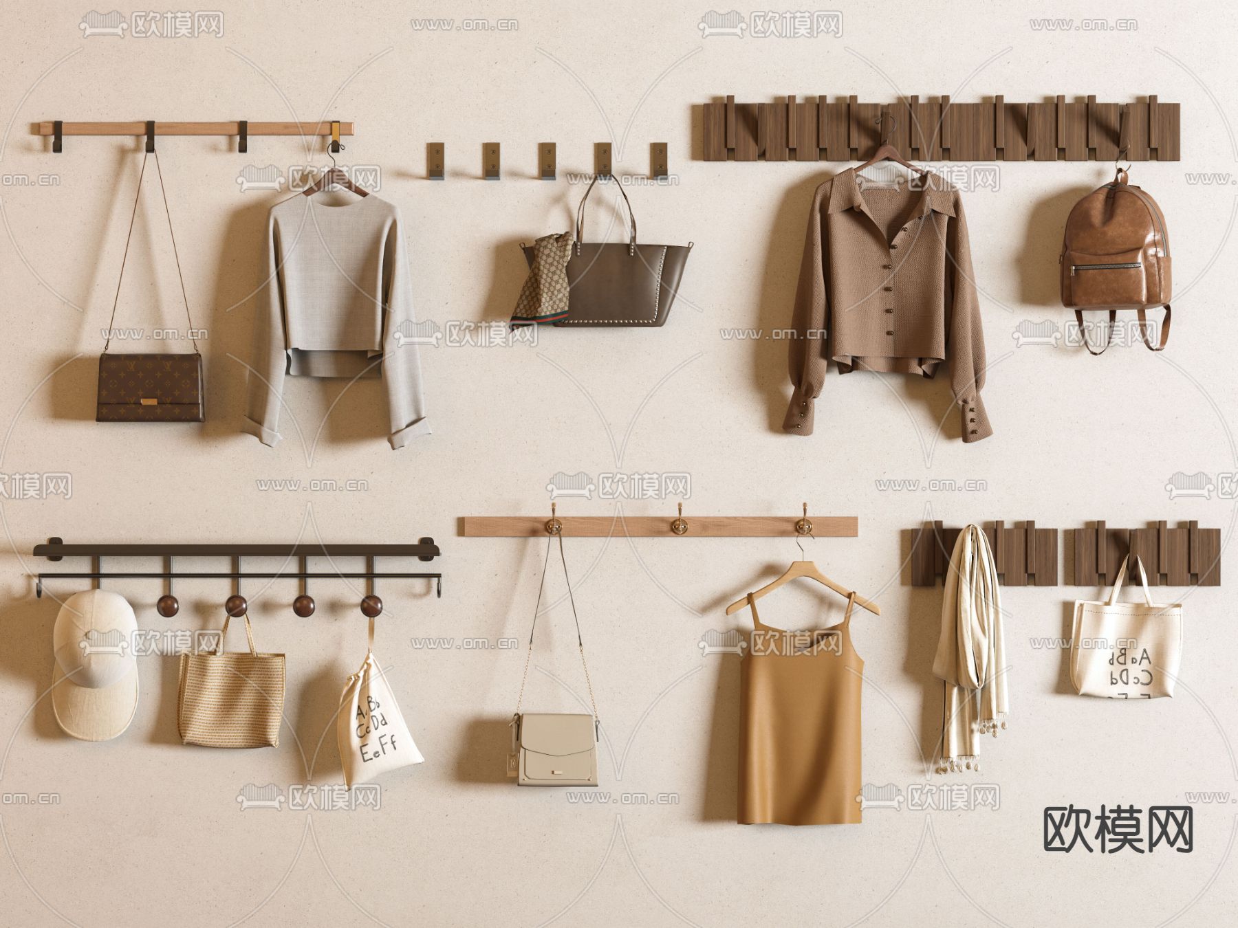 现代挂衣钩 衣服 帽子 袋子su模型下载（渲染图2）