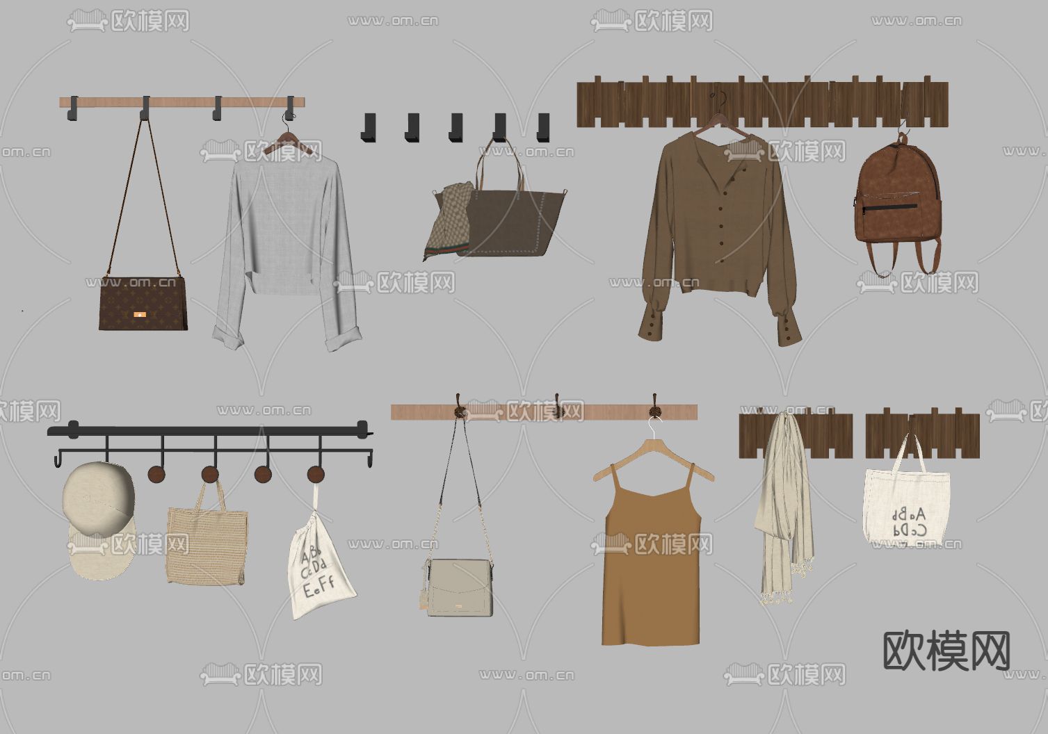 现代挂衣钩 衣服 帽子 袋子su模型下载（渲染图1）