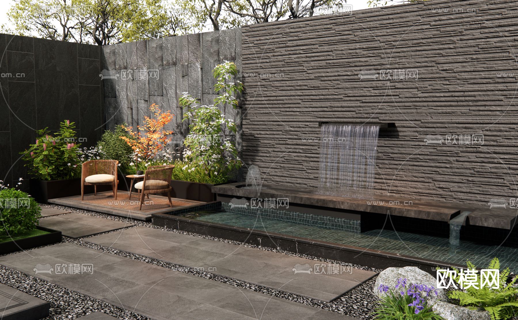 庭院景观 假山水景3d模型下载（渲染图1）