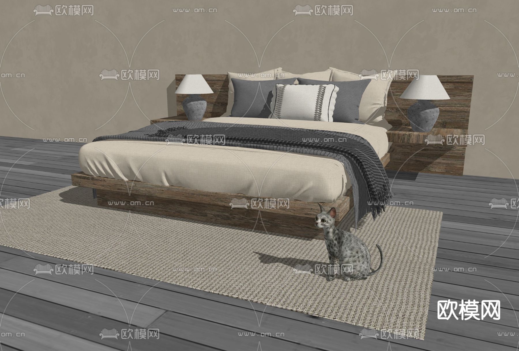 侘寂双人床su模型下载（渲染图1）