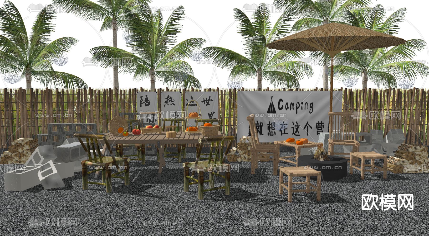 中式围炉煮茶 户外桌椅su模型下载（渲染图1）