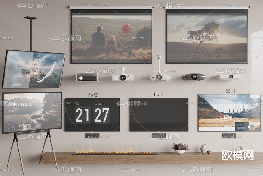 液晶电视 投影幕布 投影仪3d模型下载