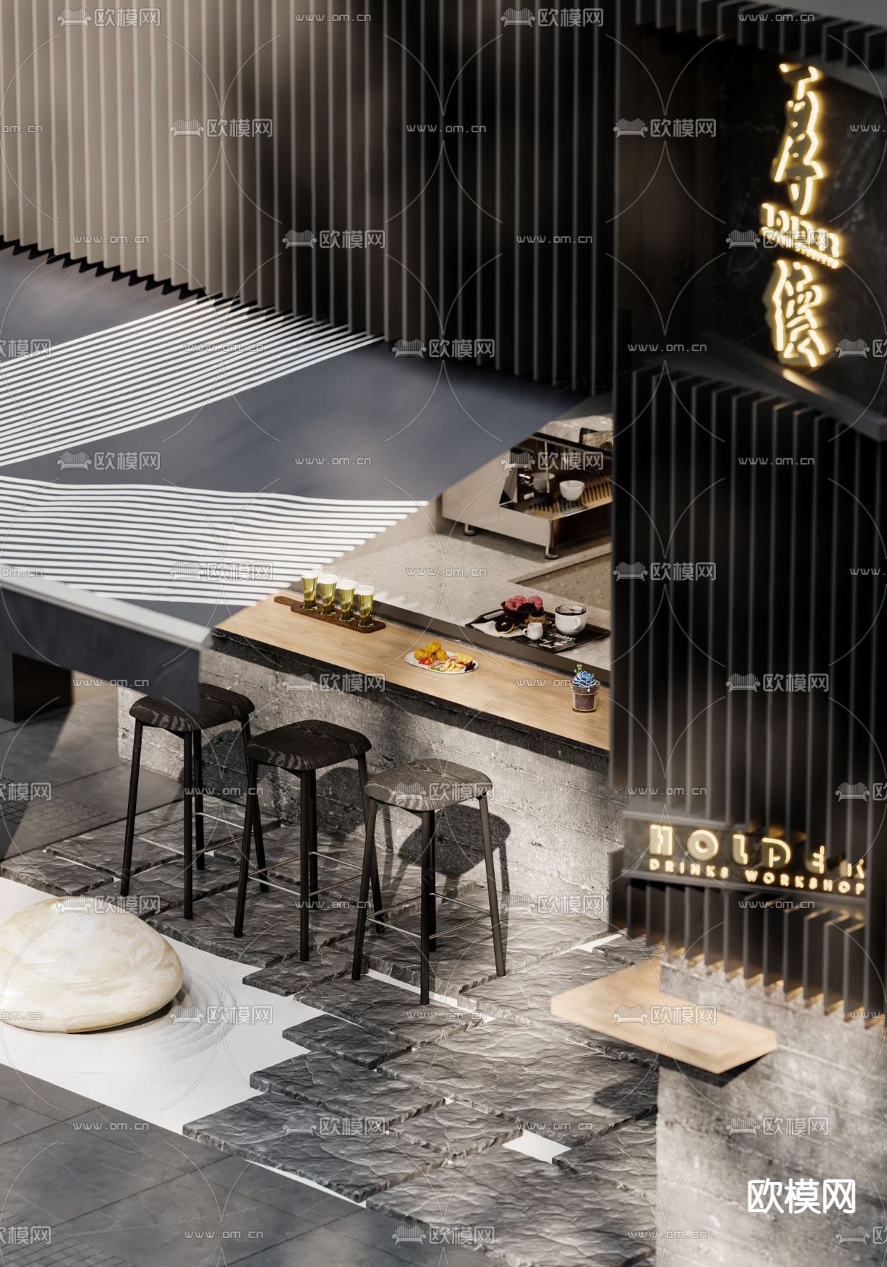 工业风咖啡店 街角咖啡3d模型下载（渲染图2）