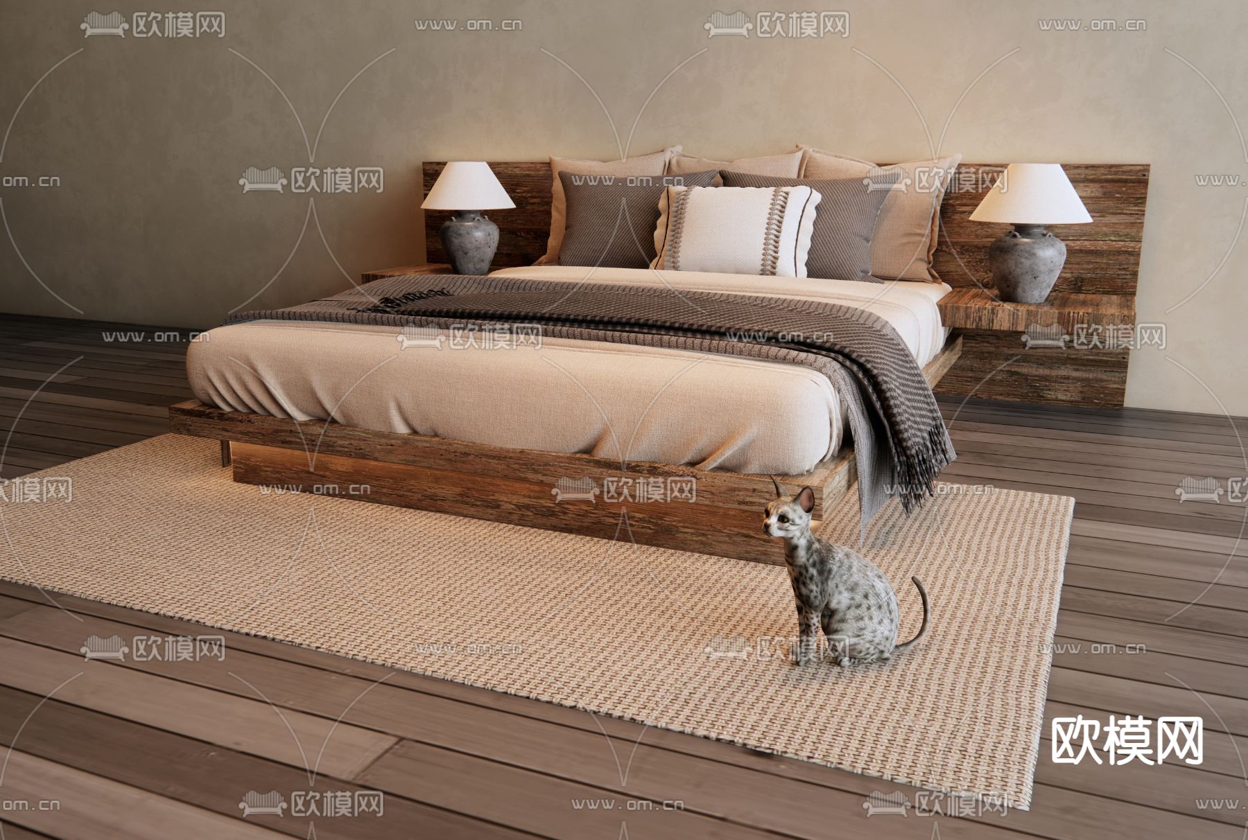 侘寂双人床su模型下载（渲染图2）