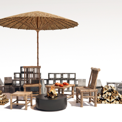  中式户外桌椅 围炉煮茶su模型 