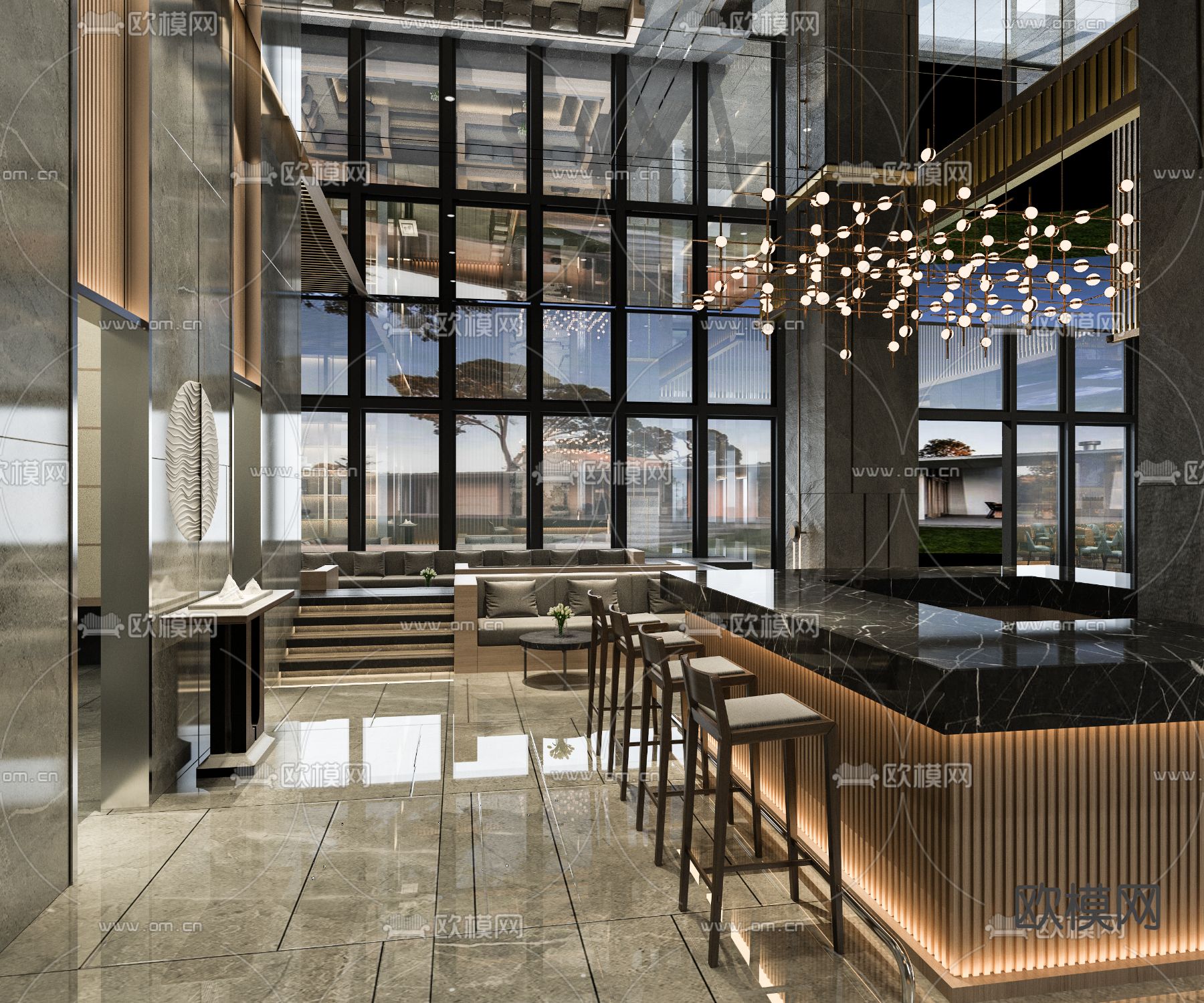 轻奢风酒吧 音乐餐吧3d模型下载（渲染图2）