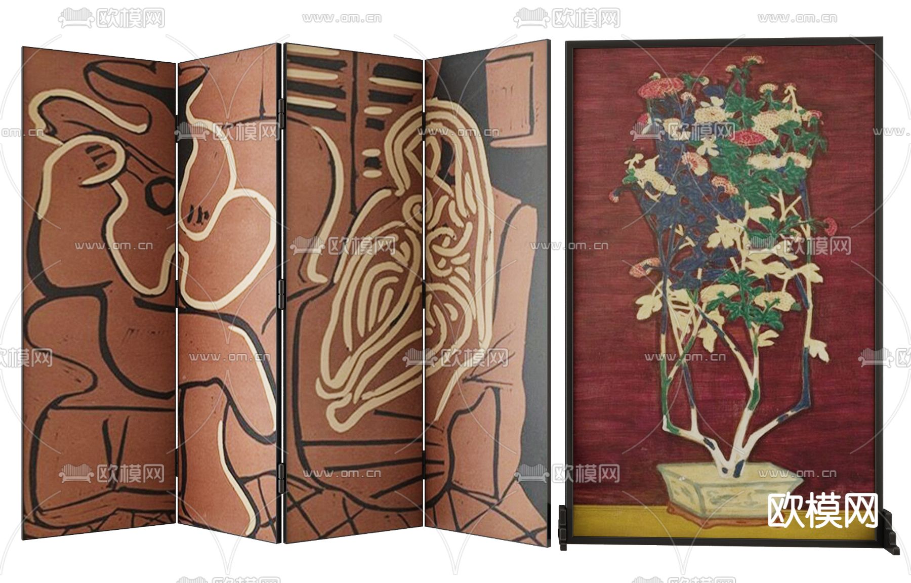 中古风壁画屏风 插屏3d模型下载