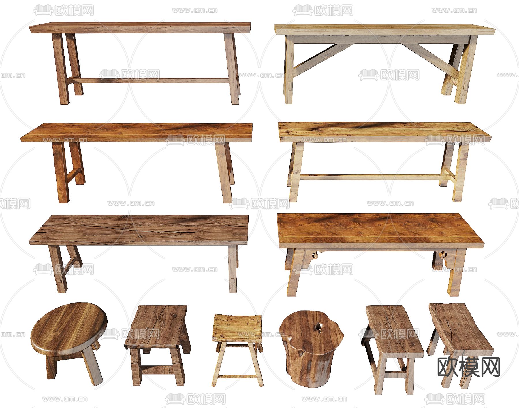 中式凳子 木凳 长凳 圆凳3d模型下载