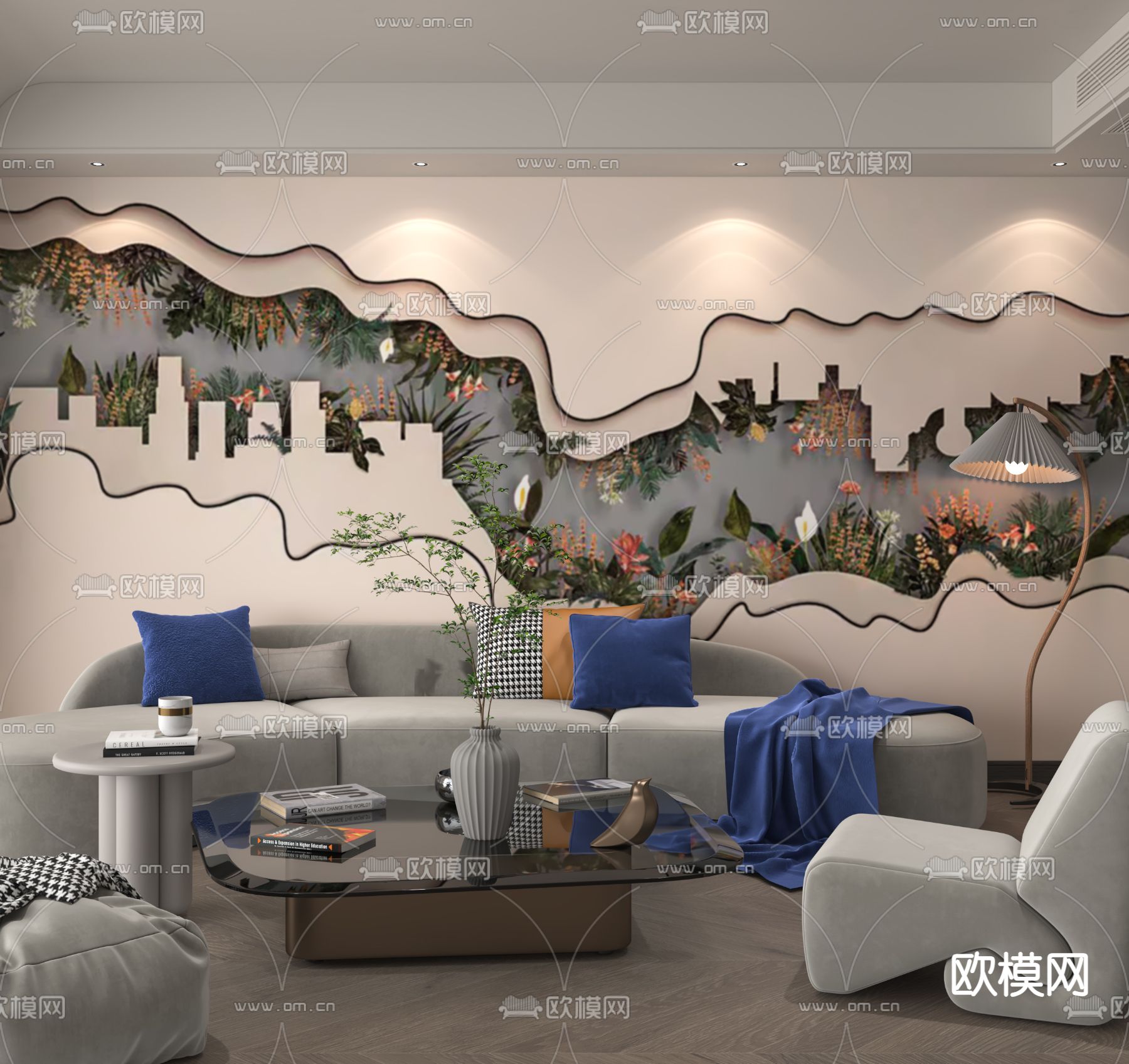 多人沙发 背景墙3d模型下载