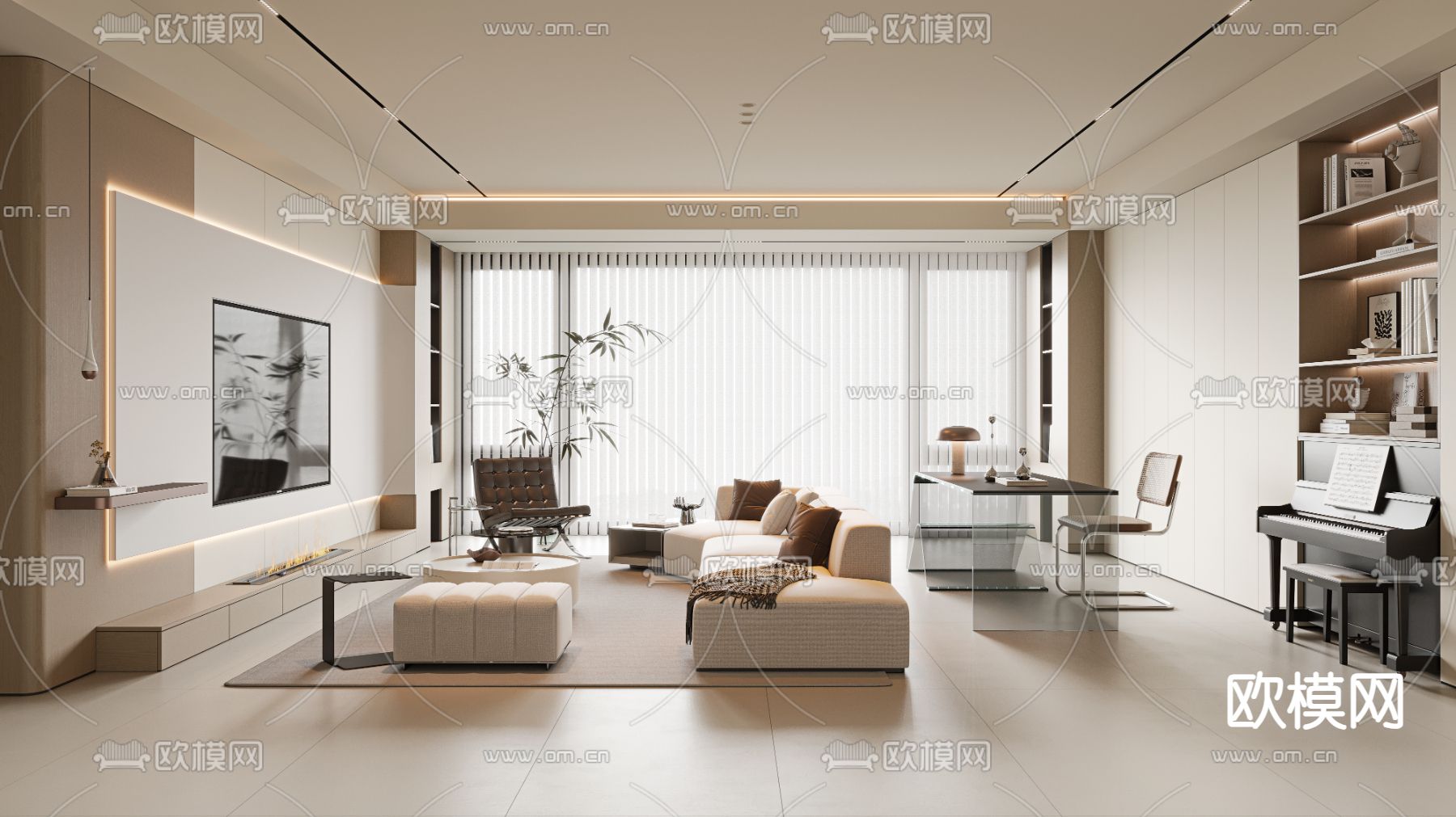 奶油风客厅3d模型下载