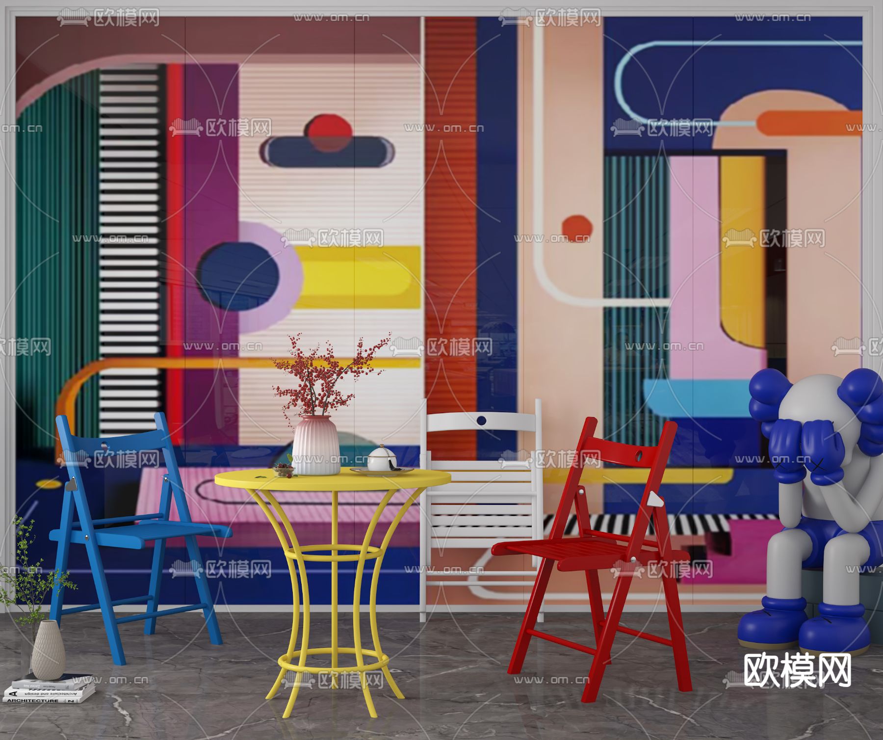 孟菲斯风背景墙 桌椅3d模型下载