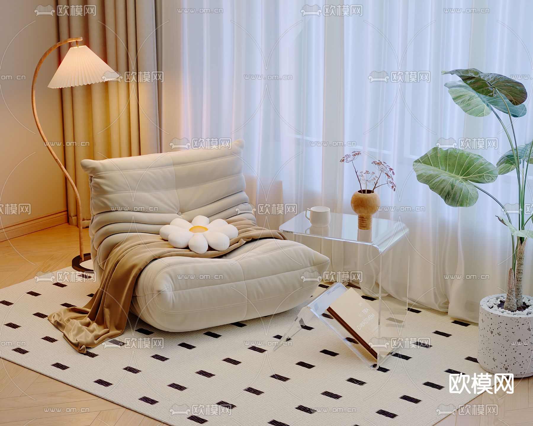 奶油风懒人沙发 边几3d模型下载