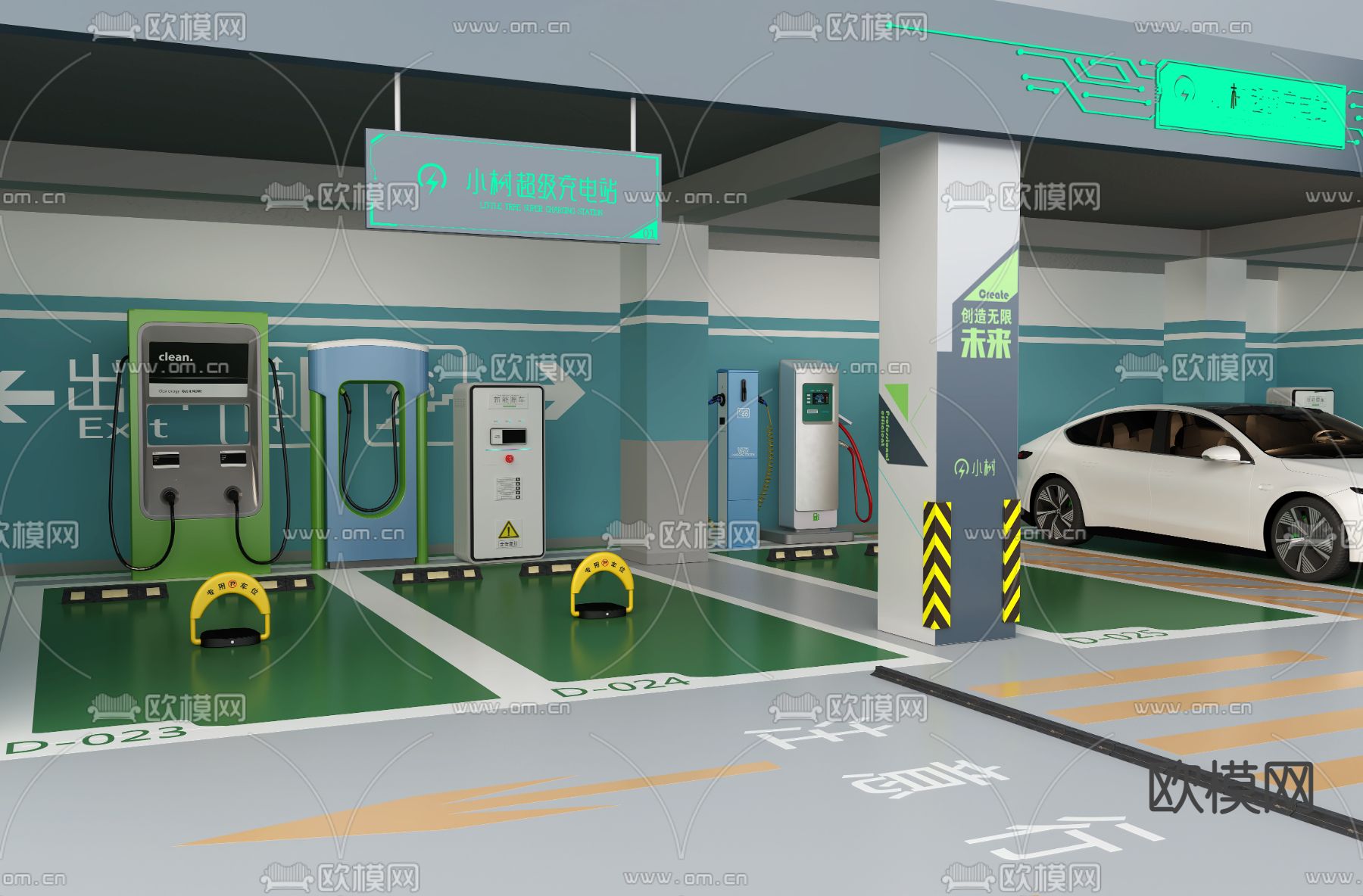 充电站 地下车库充电桩3d模型下载（渲染图3）