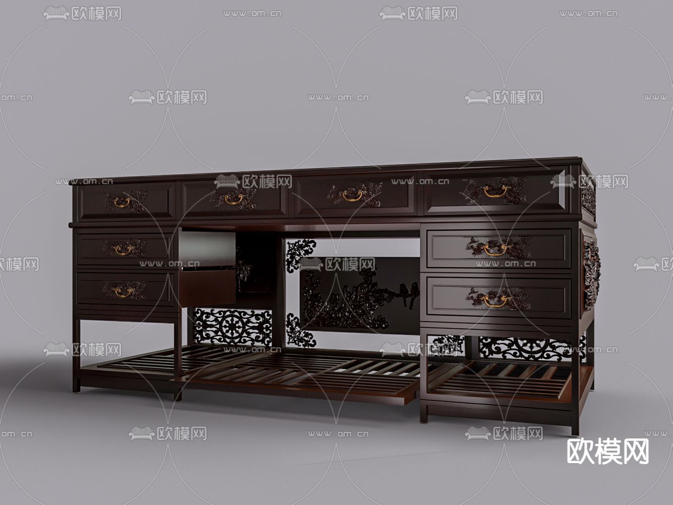 中式红木书桌 雕花书桌3d模型下载（渲染图2）