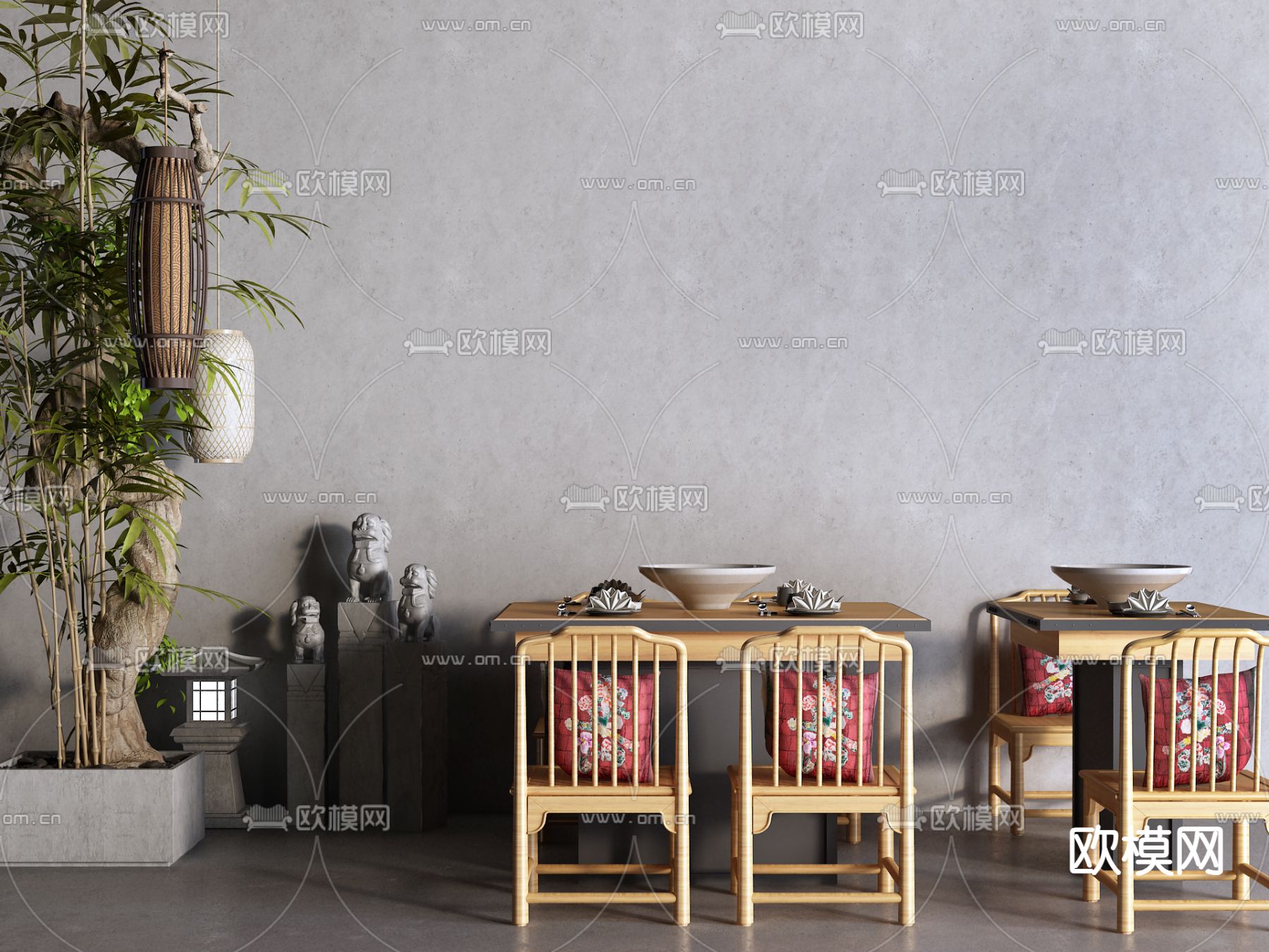 中式木质餐桌椅3d模型下载