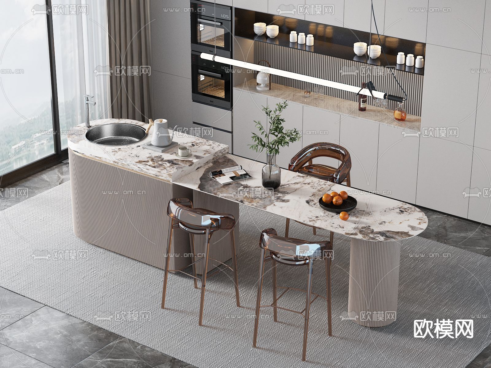 轻奢  中岛台餐桌椅3d模型下载