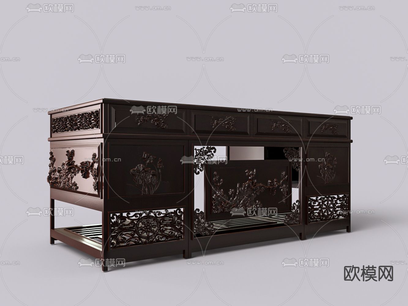 中式红木书桌 雕花书桌3d模型下载（渲染图1）