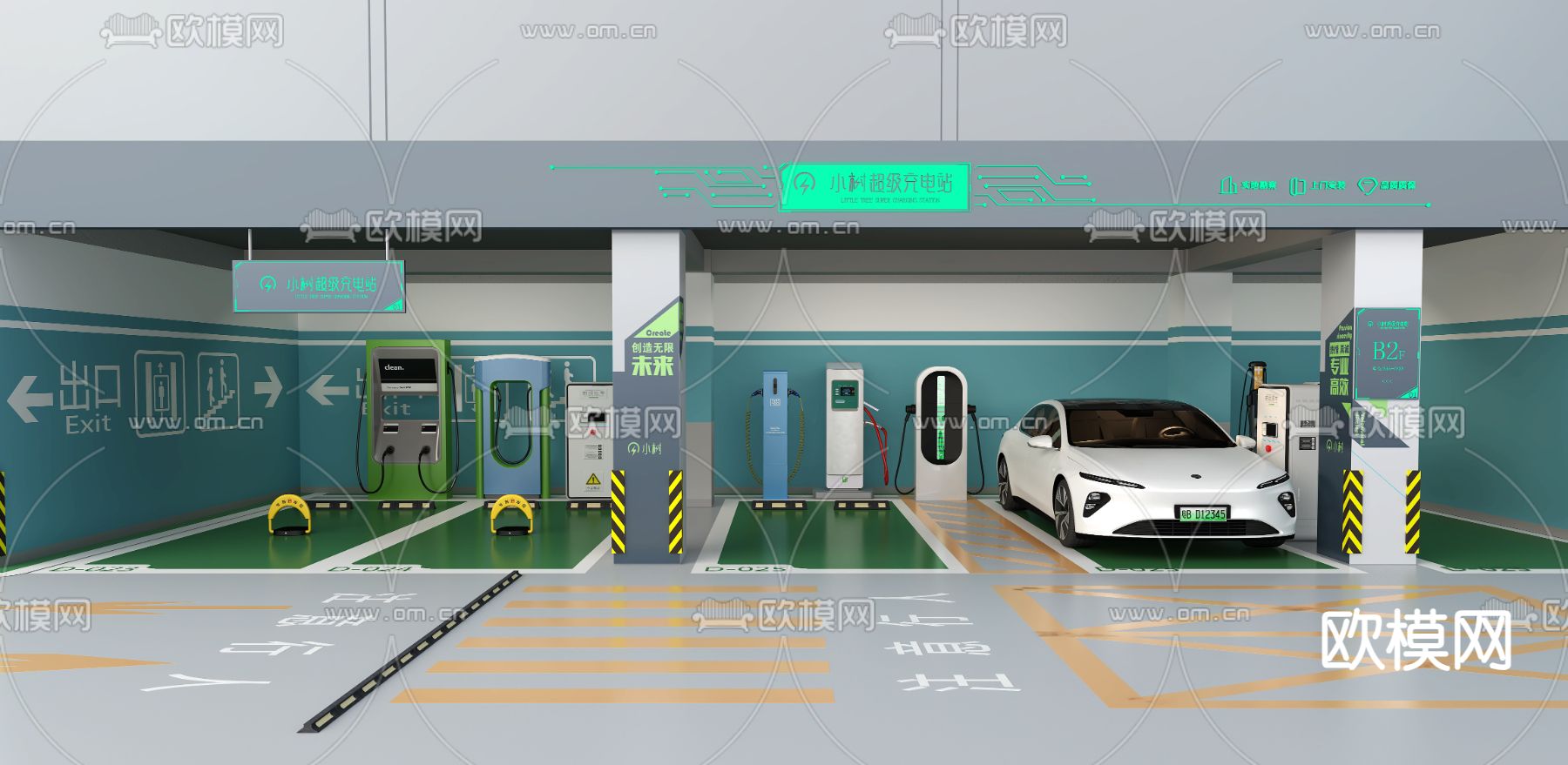 充电站 地下车库充电桩3d模型下载（渲染图1）