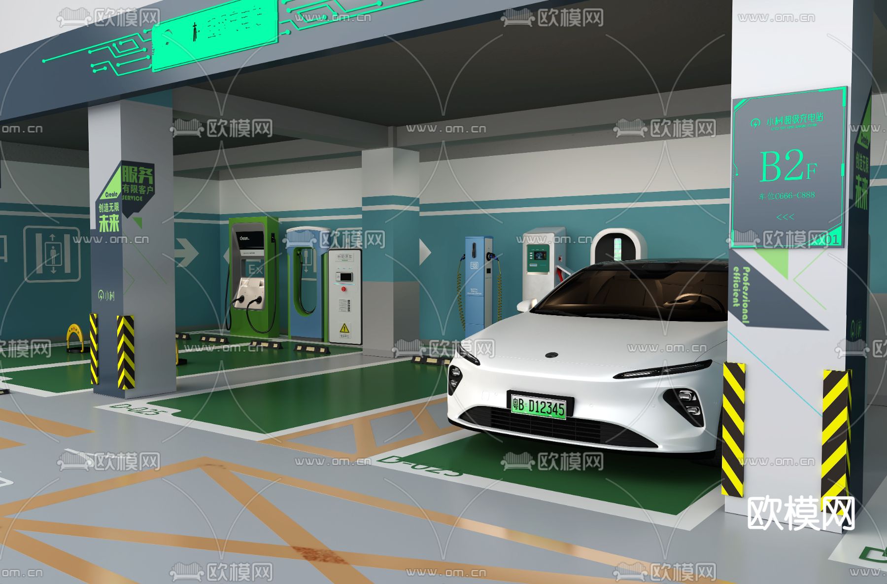 充电站 地下车库充电桩3d模型下载（渲染图2）