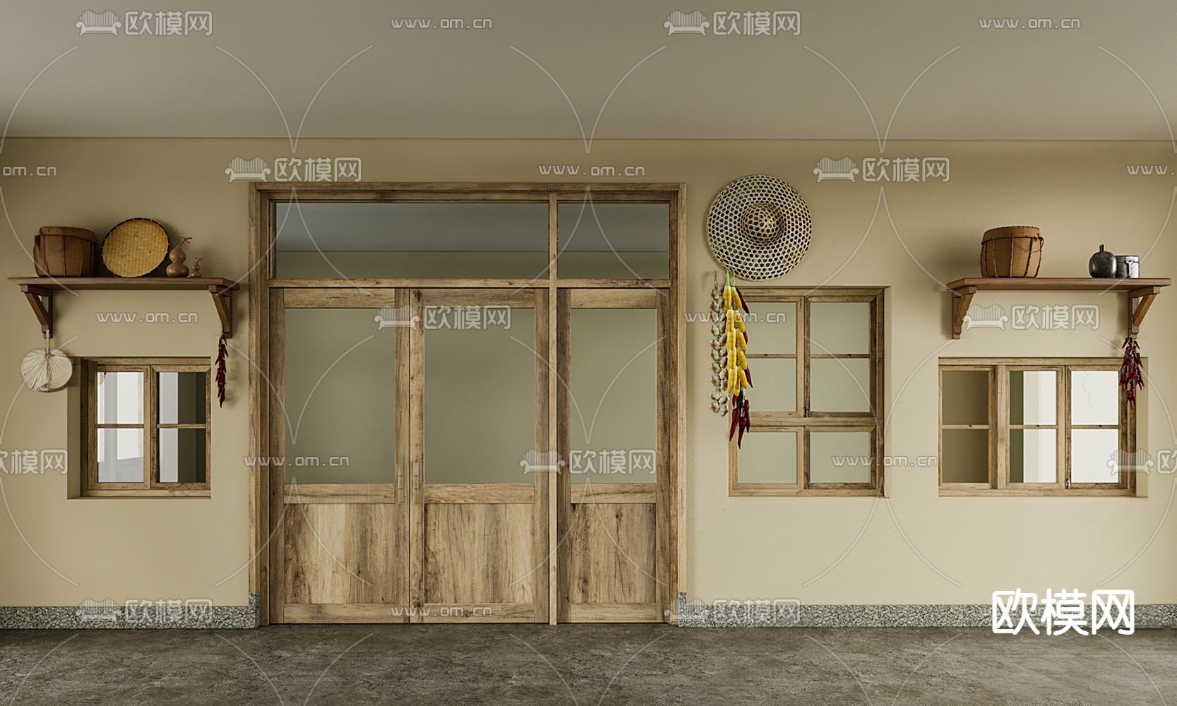 中式双开门 木门3d模型下载