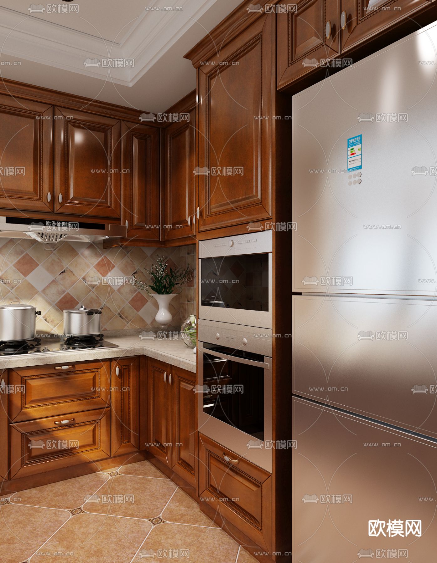欧式古典厨房 橱柜3d模型下载（渲染图2）