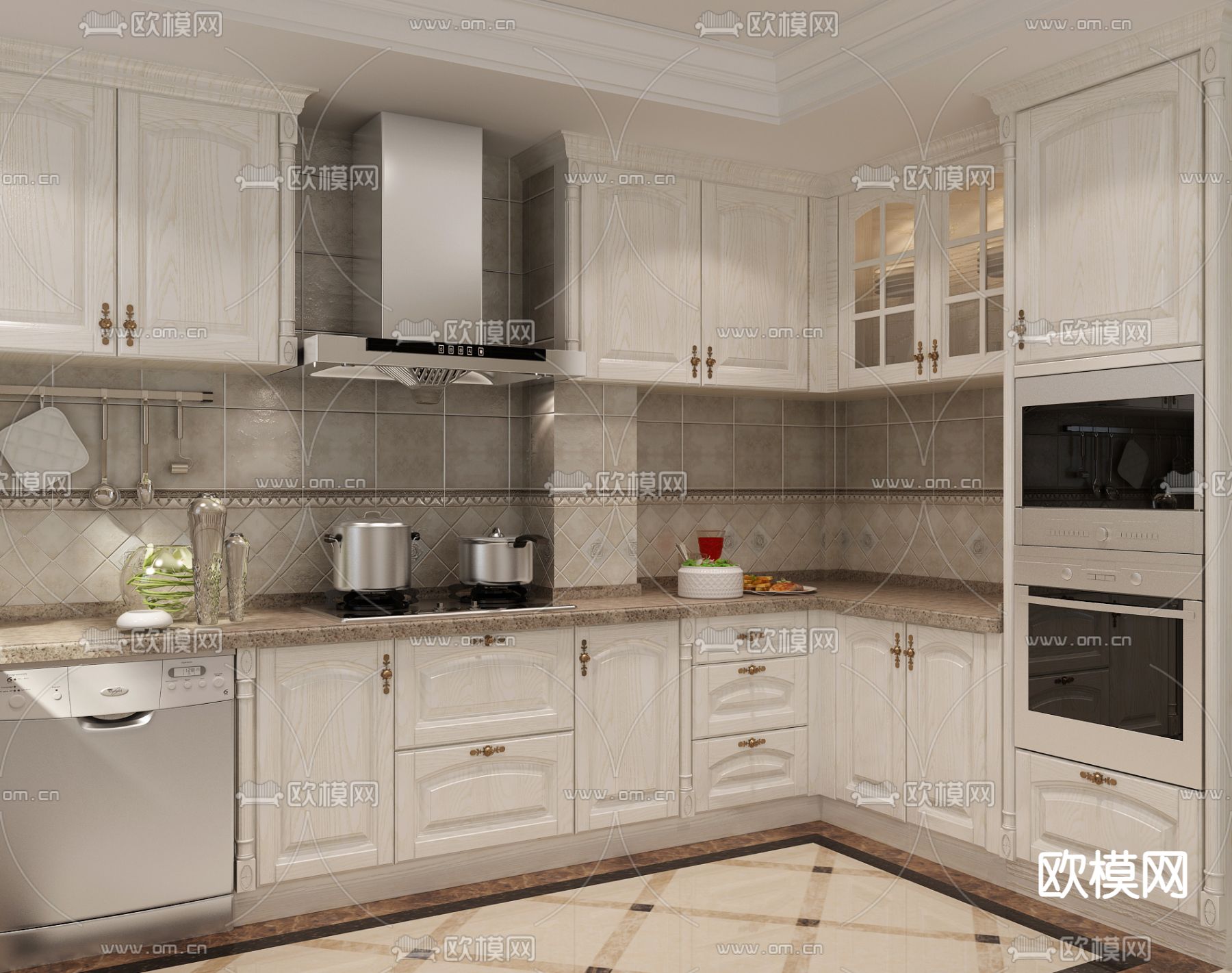 欧式古典厨房 橱柜3d模型下载（渲染图2）