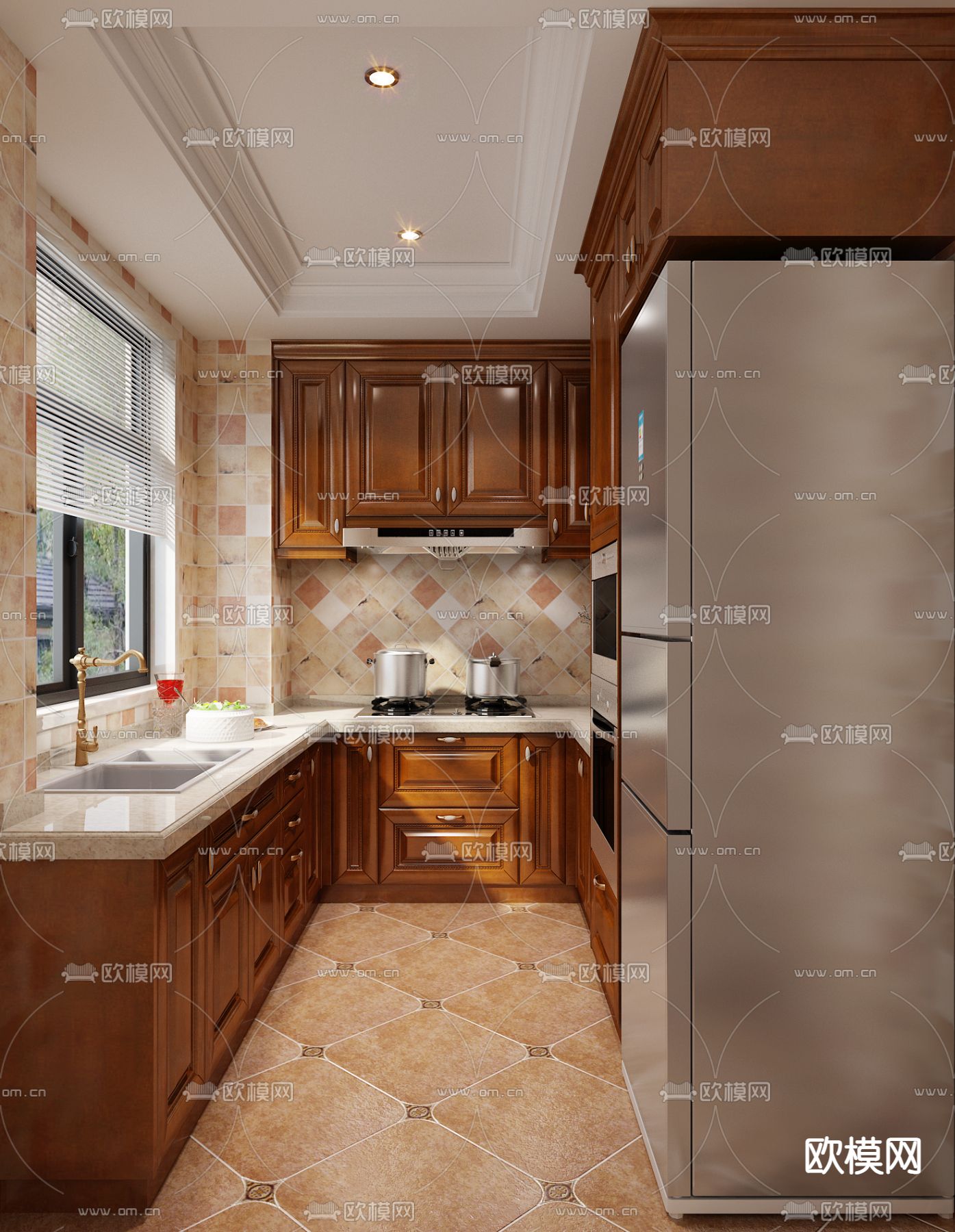 欧式古典厨房 橱柜3d模型下载（渲染图1）