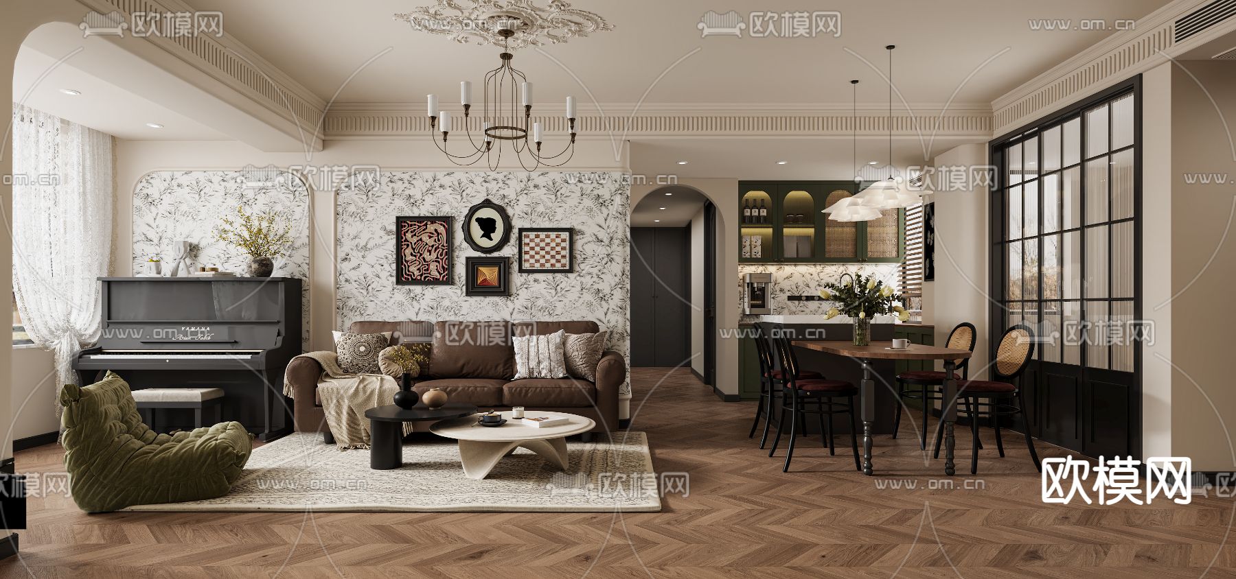 法式复古客餐厅3d模型下载（渲染图1）