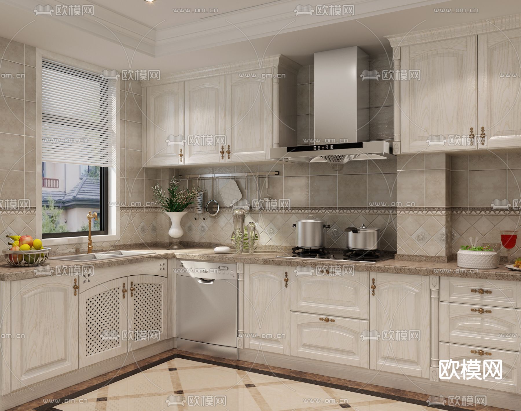 欧式古典厨房 橱柜3d模型下载（渲染图3）