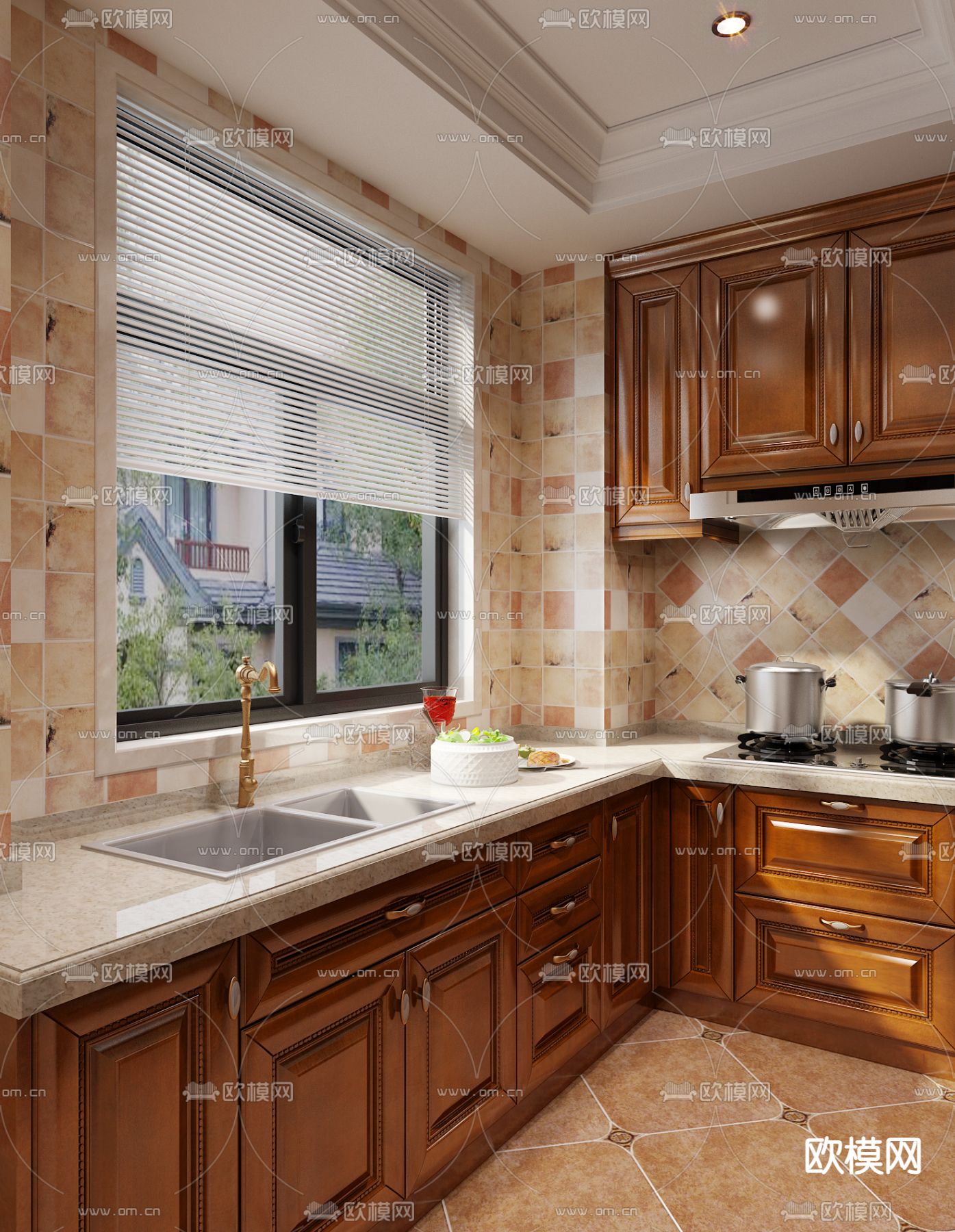 欧式古典厨房 橱柜3d模型下载（渲染图3）