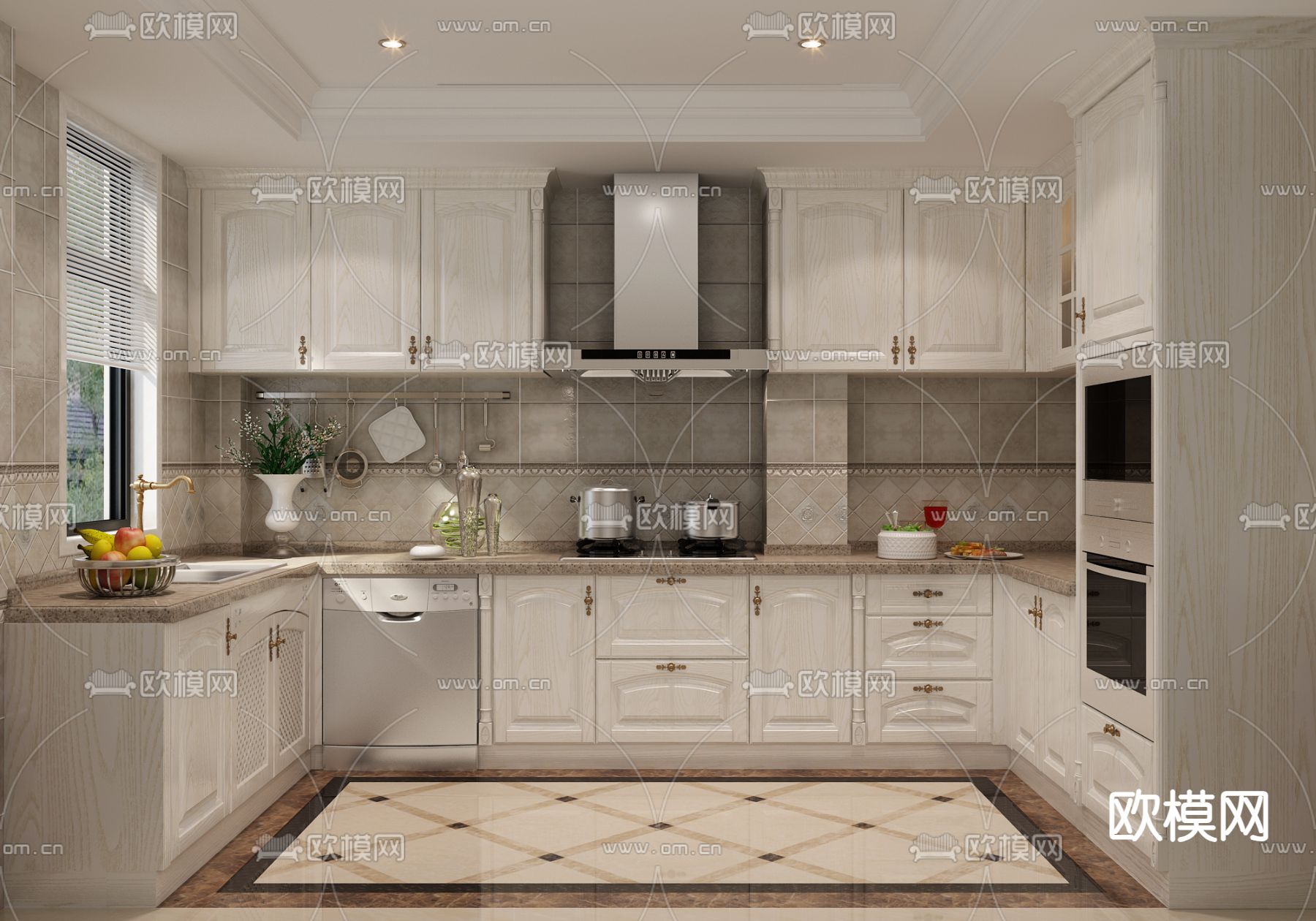 欧式古典厨房 橱柜3d模型下载（渲染图1）