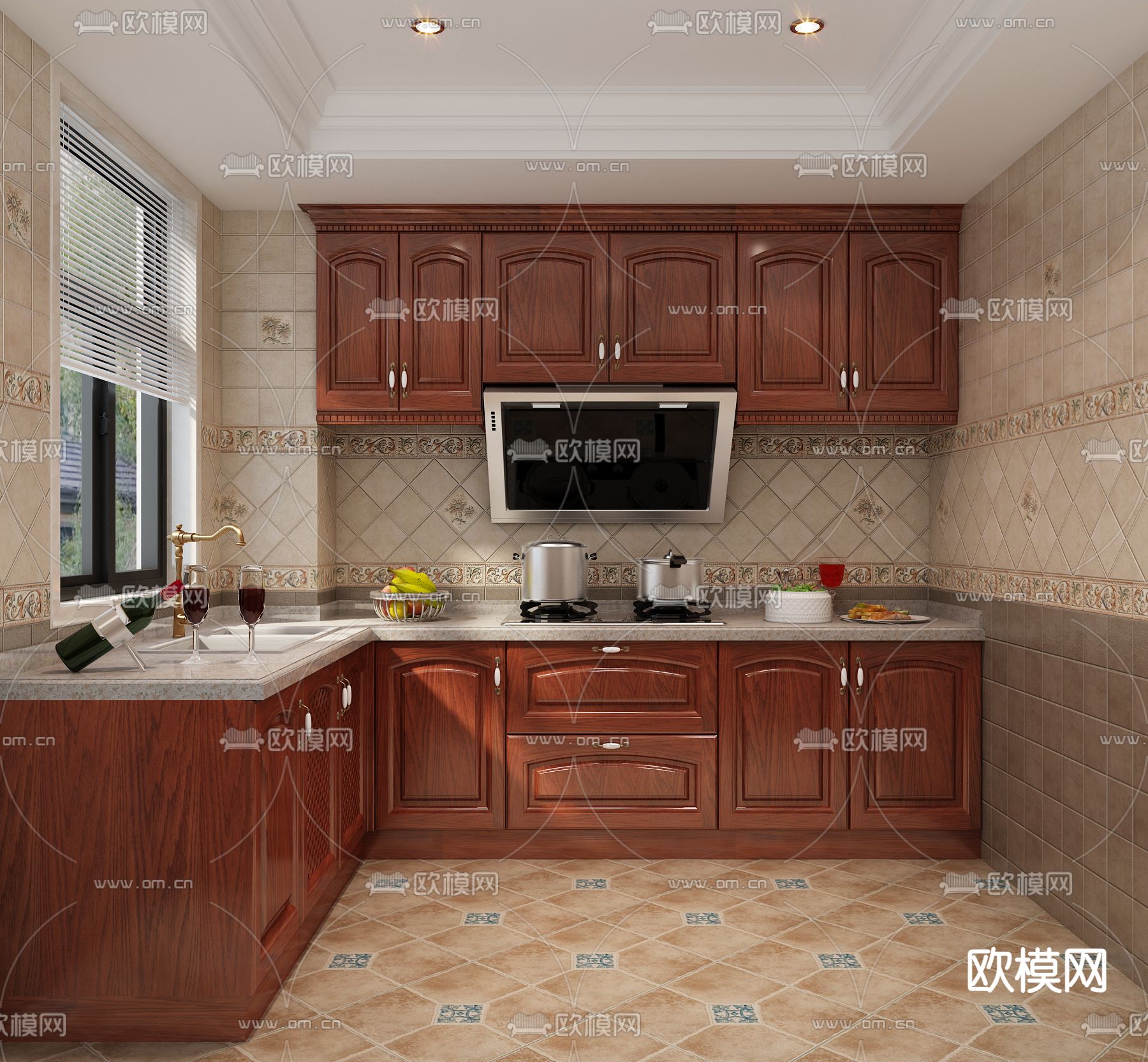 欧式古典厨房 橱柜3d模型下载（渲染图1）