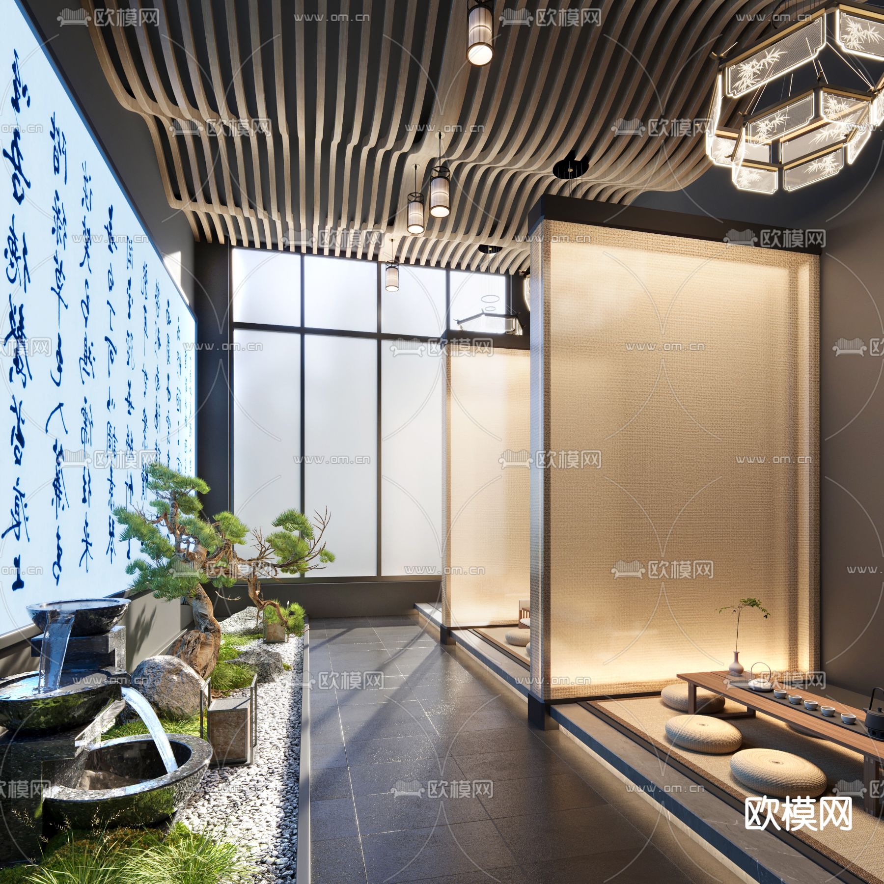 新中式过道 室内景观 茶室造景3d模型下载