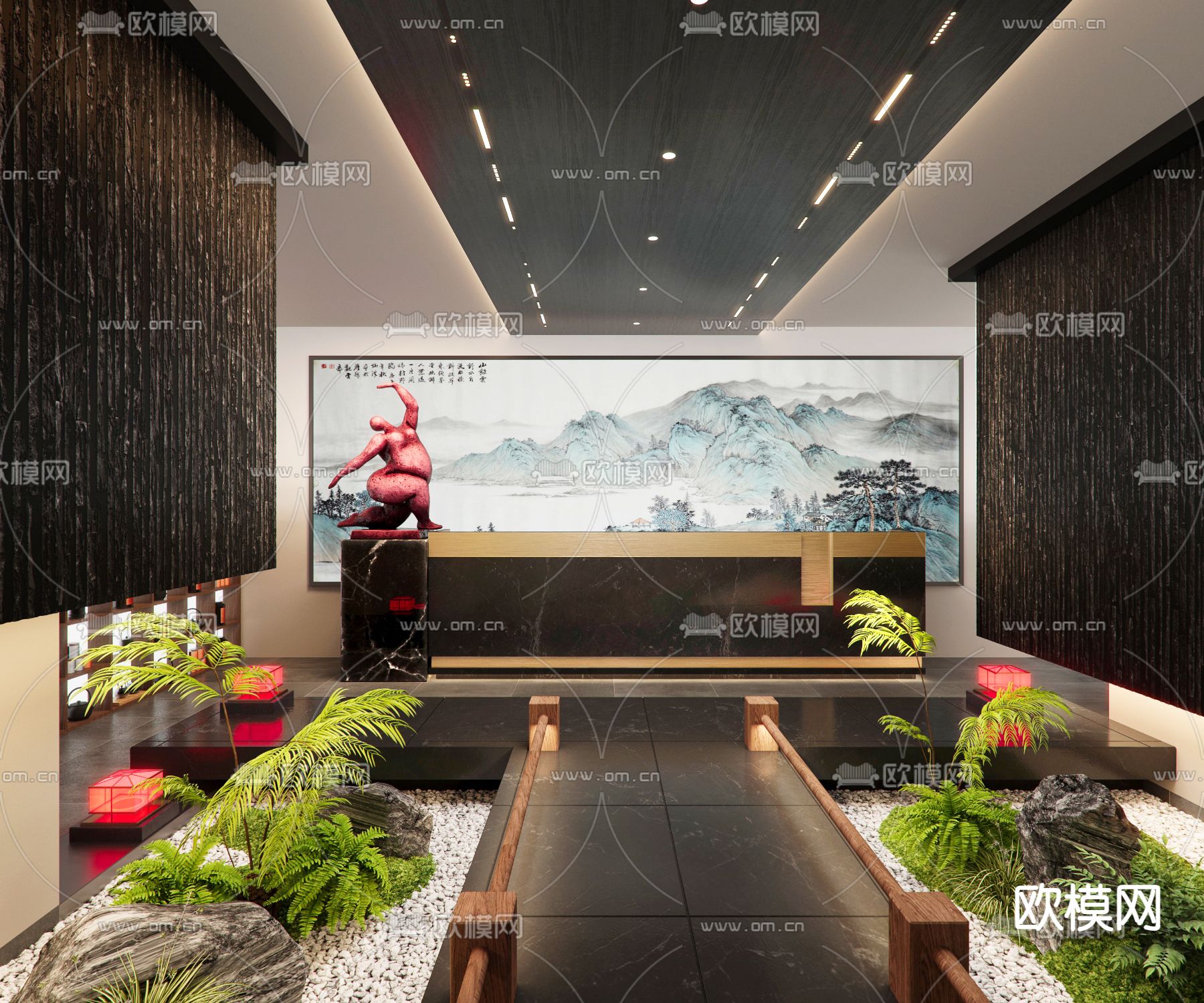 新中式过道 室内景观 茶室造景3d模型下载