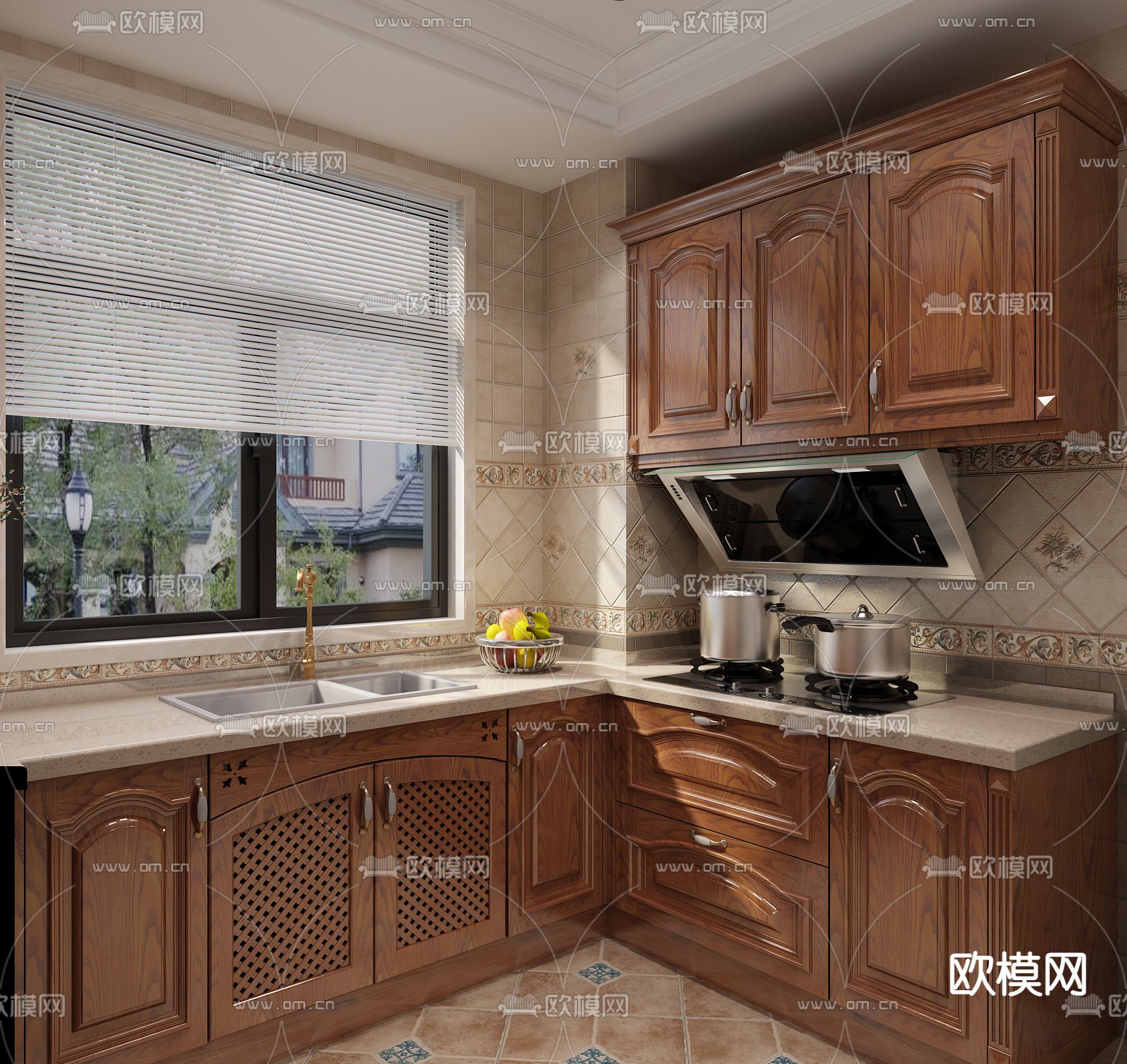 欧式古典厨房 橱柜3d模型下载（渲染图3）