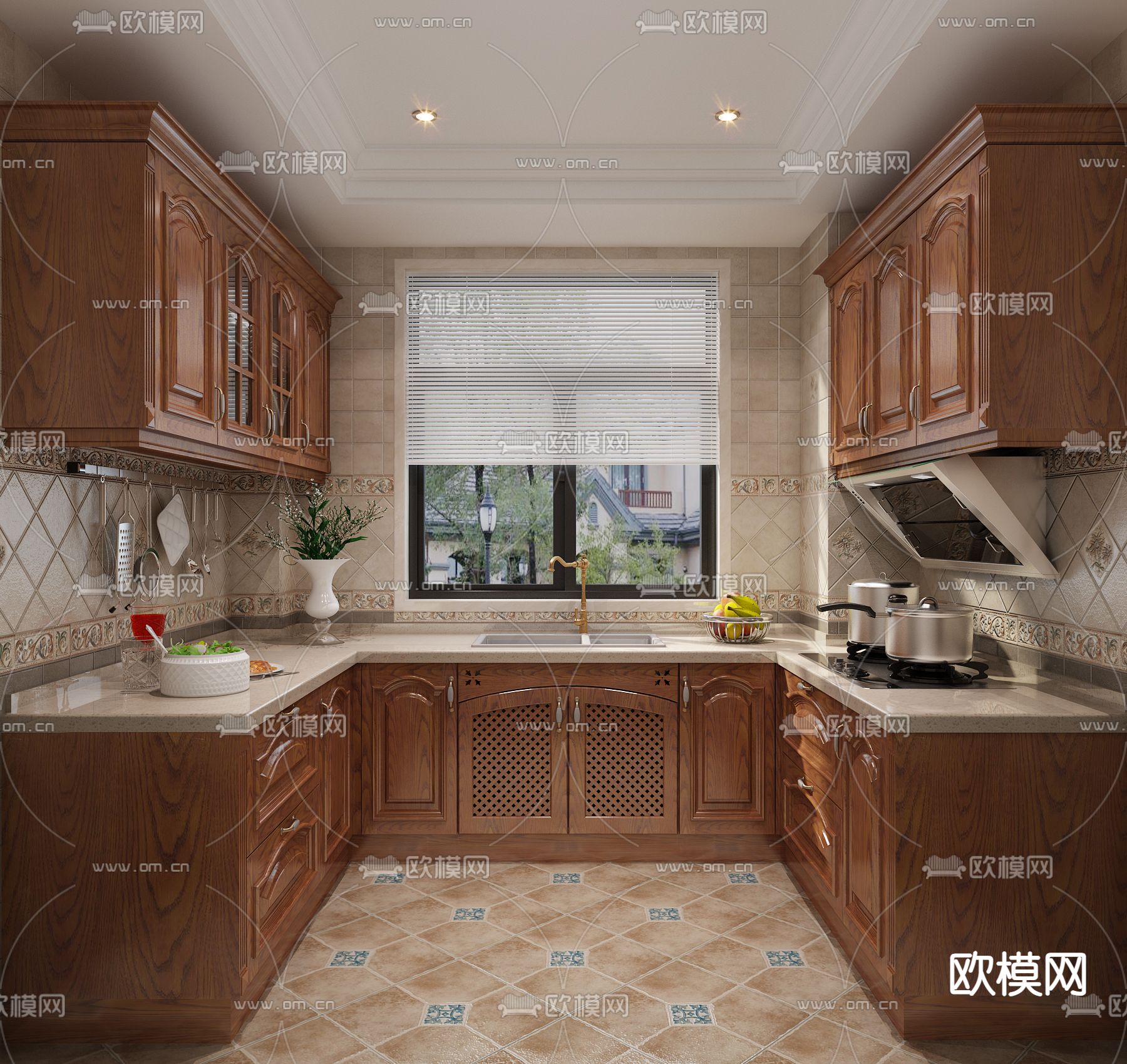 欧式古典厨房 橱柜3d模型下载（渲染图2）