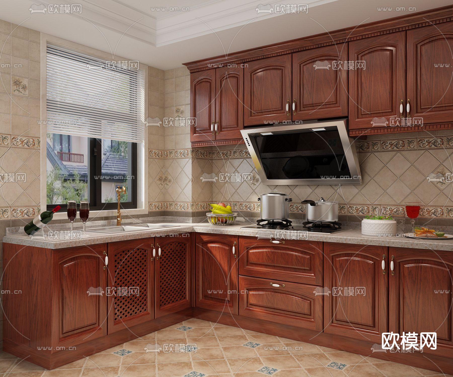 欧式古典厨房 橱柜3d模型下载（渲染图2）