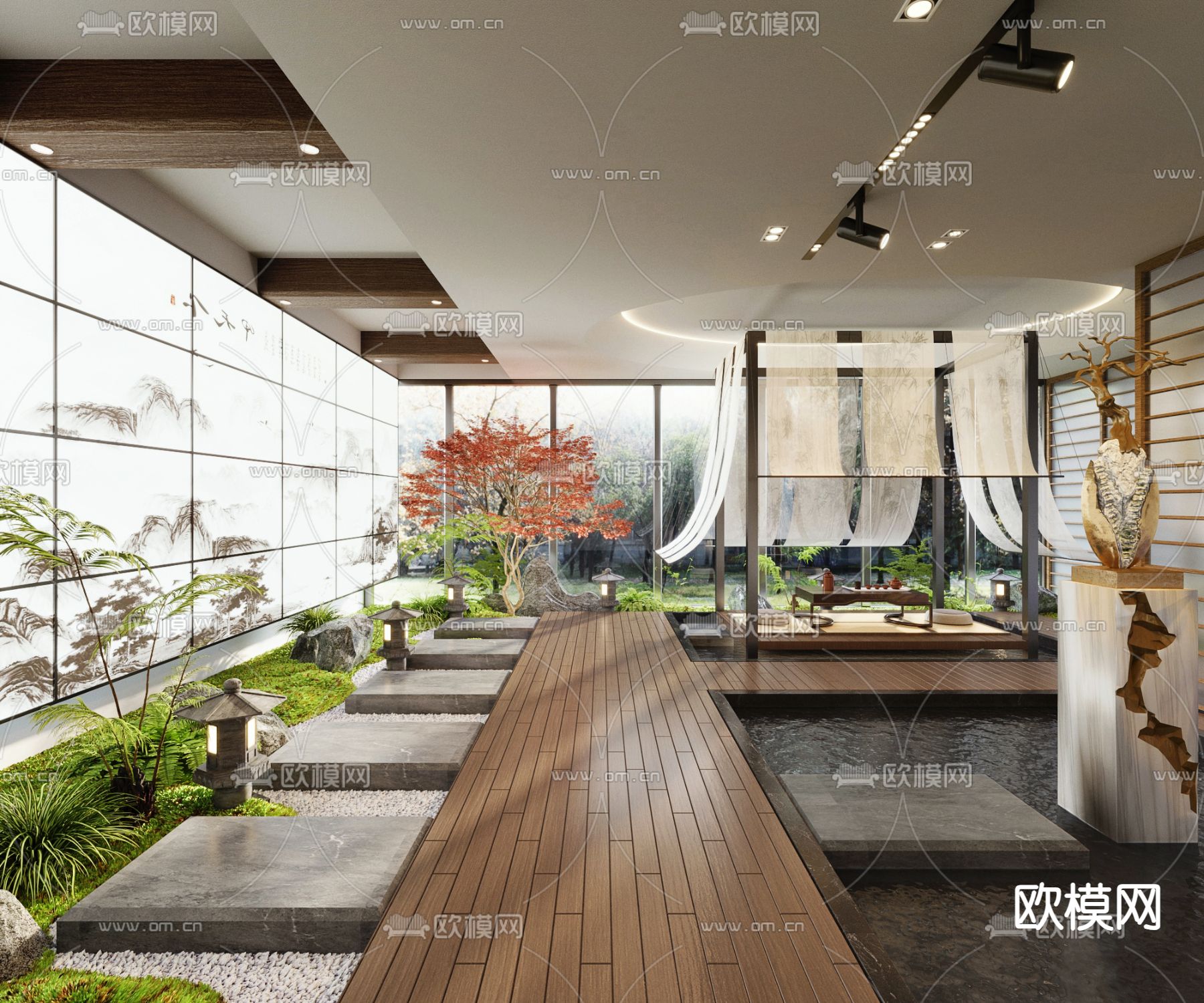 新中式过道 室内景观 茶室造景3d模型下载