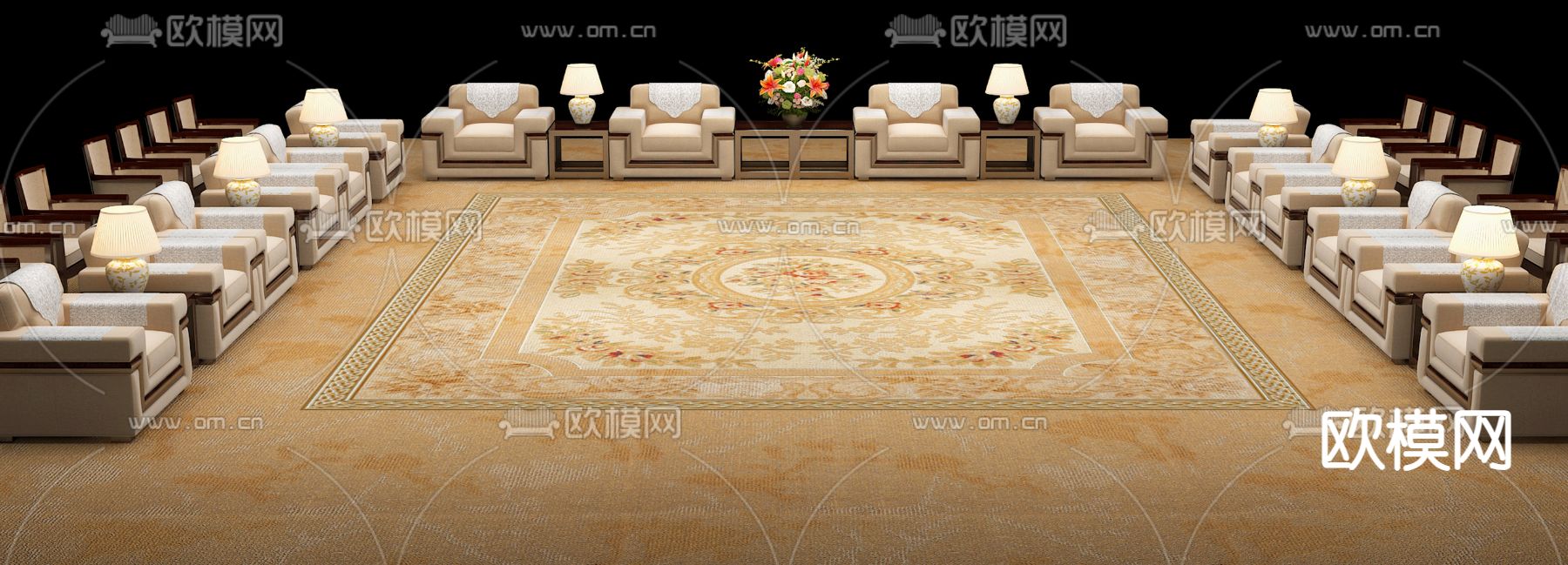 新中式沙发 会议沙发 贵宾沙发3d模型下载（渲染图1）