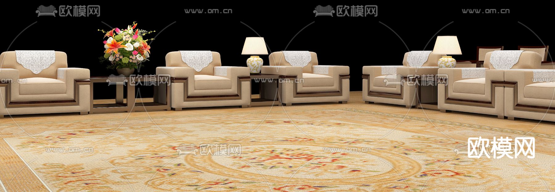 新中式沙发 会议沙发 贵宾沙发3d模型下载（渲染图2）