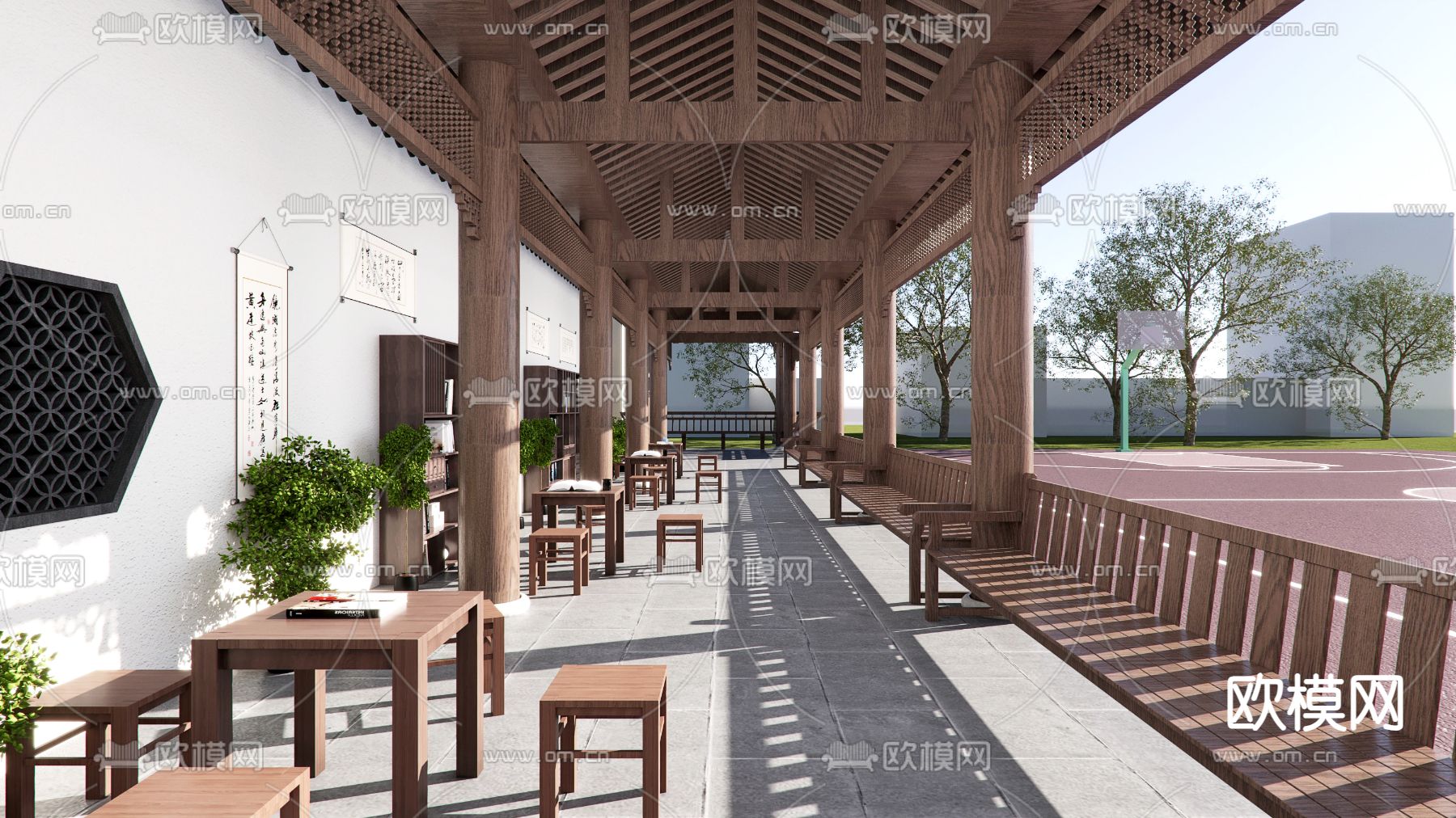 新中式连廊 景观廊架3d模型下载（渲染图2）