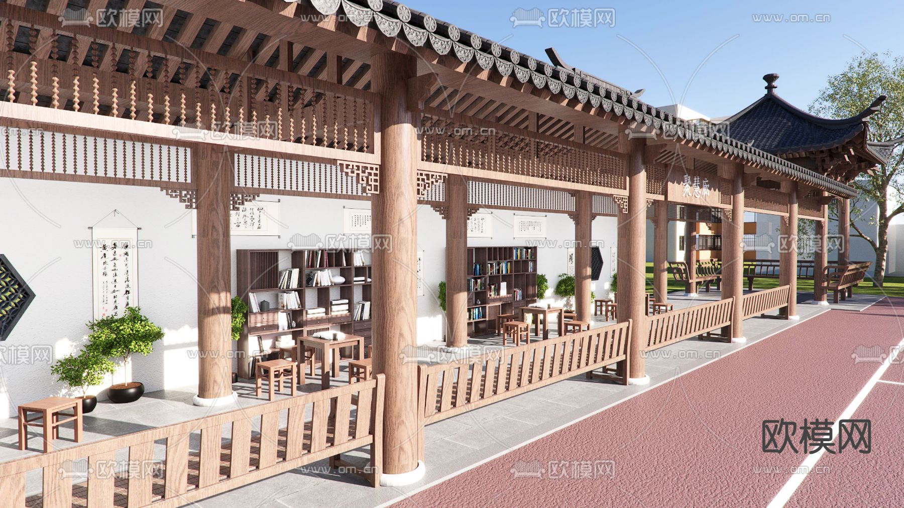 新中式连廊 景观廊架3d模型下载（渲染图1）