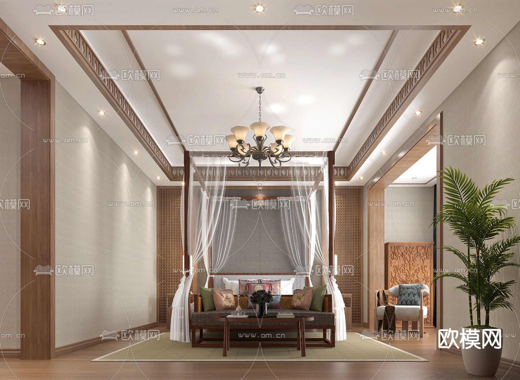 东南亚卧室 主卧 主人房3d模型下载（渲染图1）