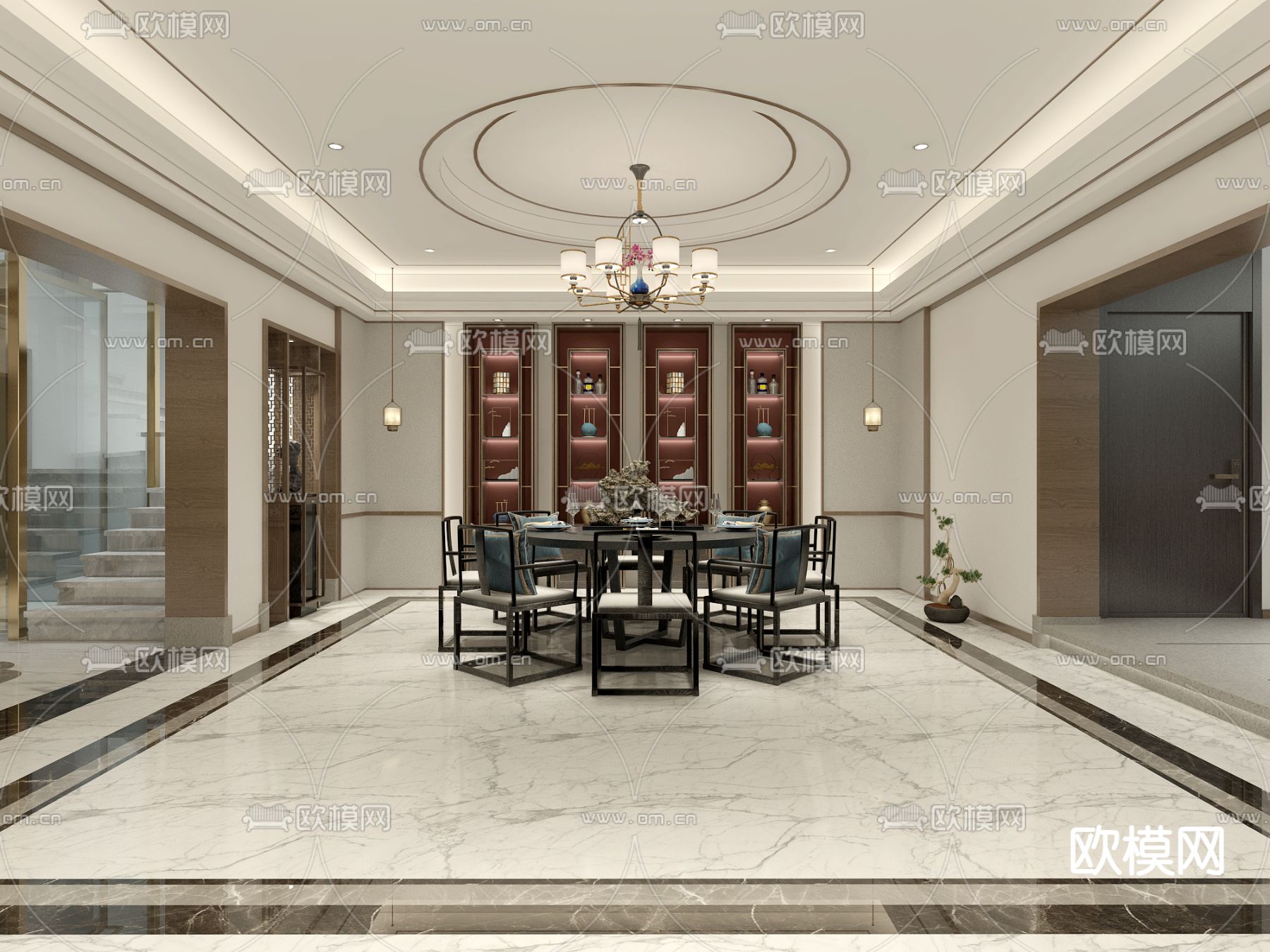 新中式地下室 茶室3d模型下载（渲染图1）