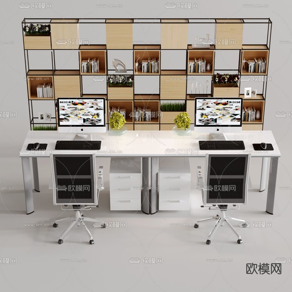 双人书桌 电脑桌 学习桌3d模型下载