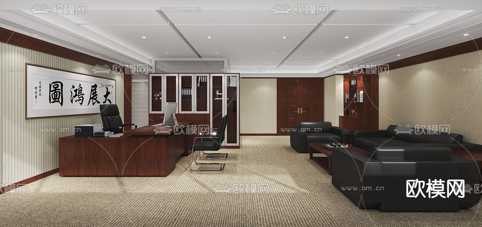 中式总经理办公室3d模型下载（渲染图1）