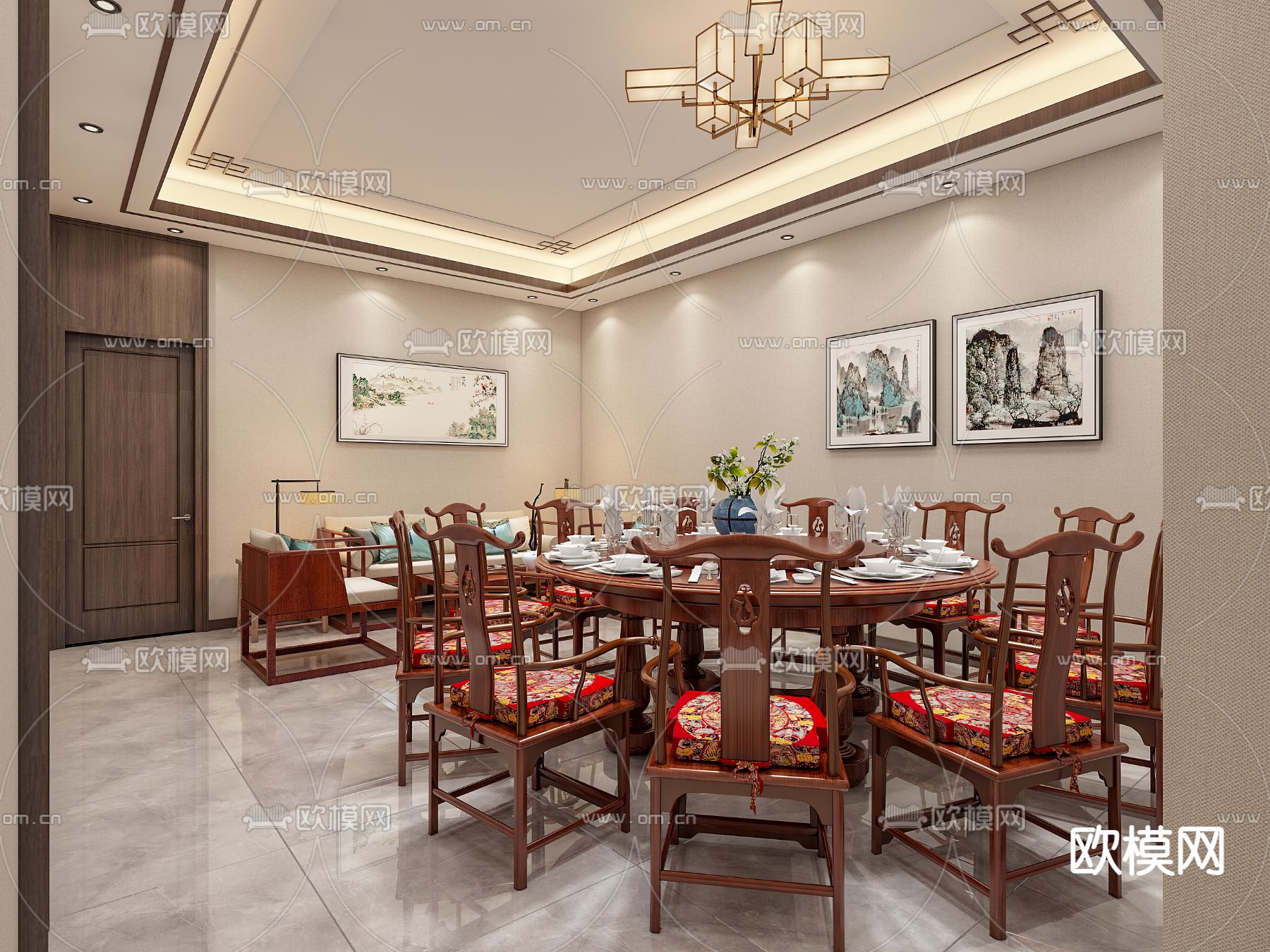中式包厢 中餐厅包房3d模型下载（渲染图3）