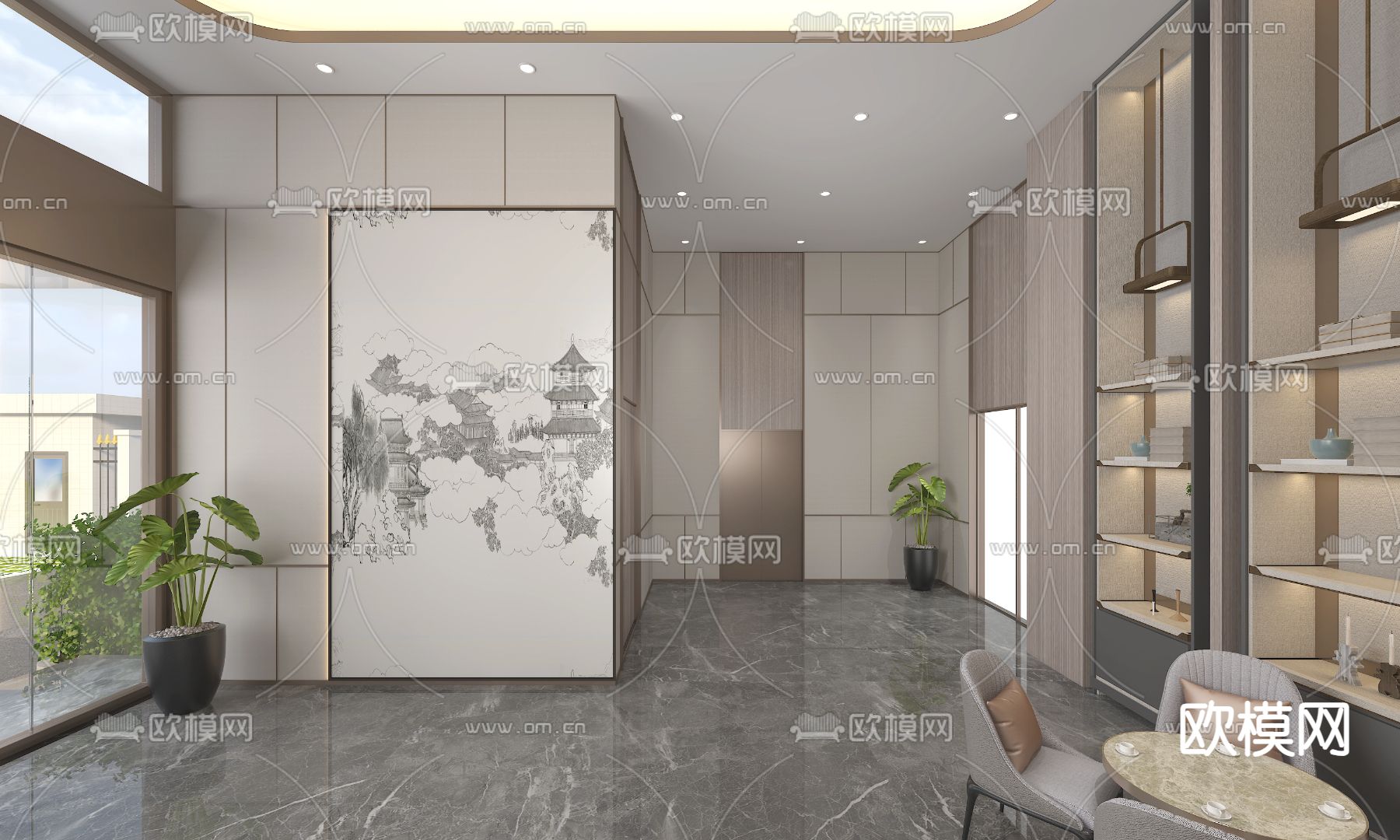新中式 公司前台 接待3d模型下载（渲染图3）